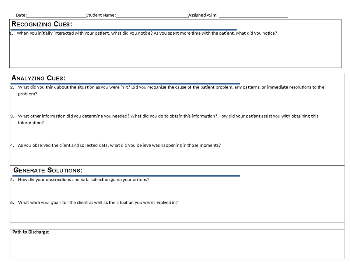 Post Sim Clinical Judgment Worksheet - Date: Student Name: Assigned ...