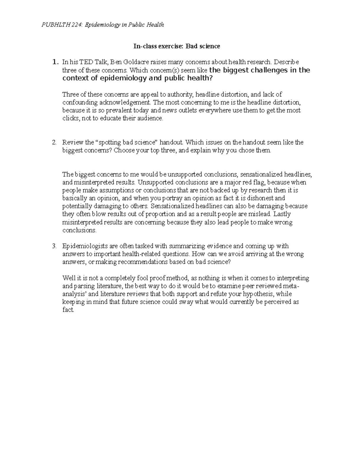 Exercise Bad Science2 PUBHLTH 224 Epidemiology in Public Health In