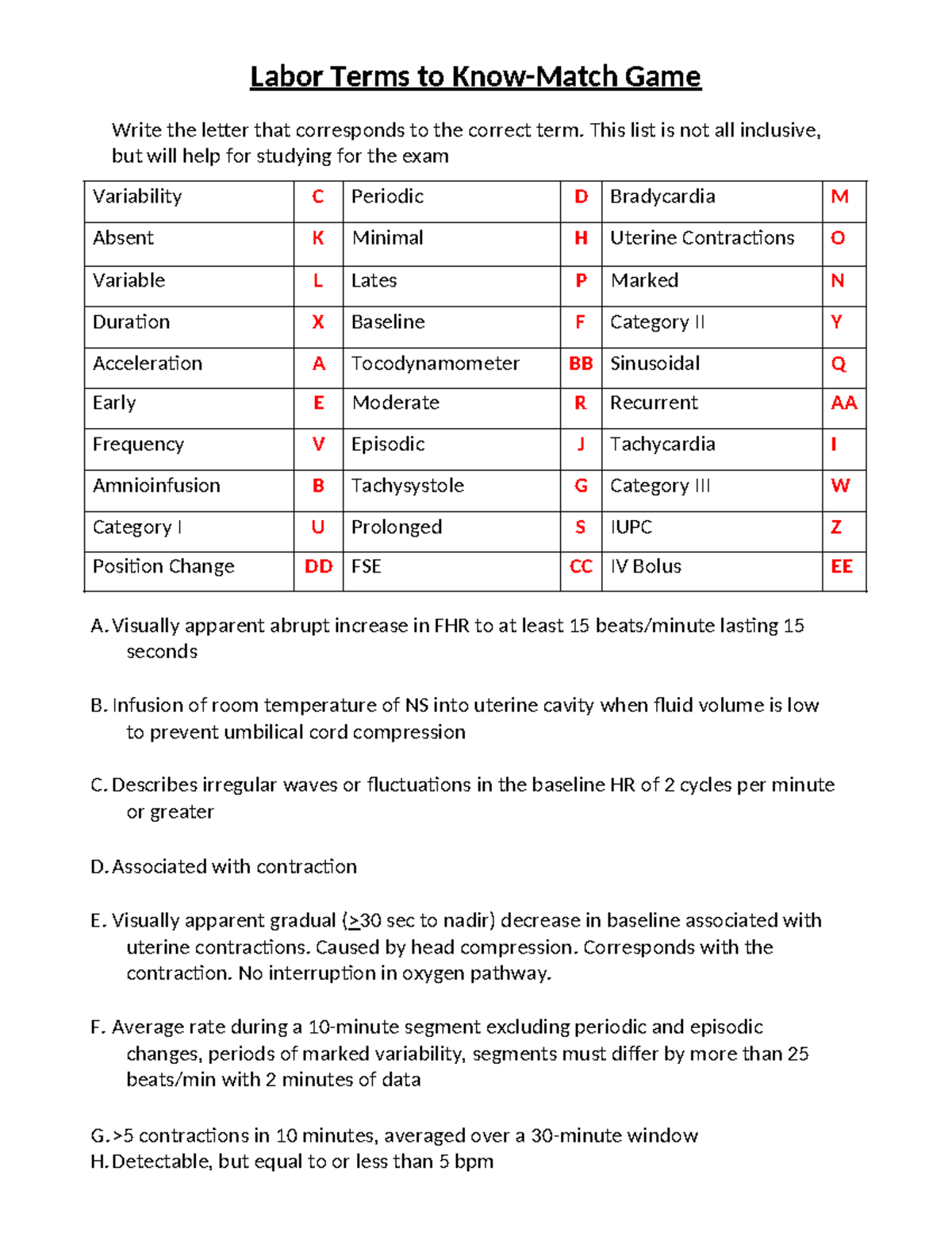 Labor Terms to Know-KEY - Labor Terms to Know-Match Game Write the ...