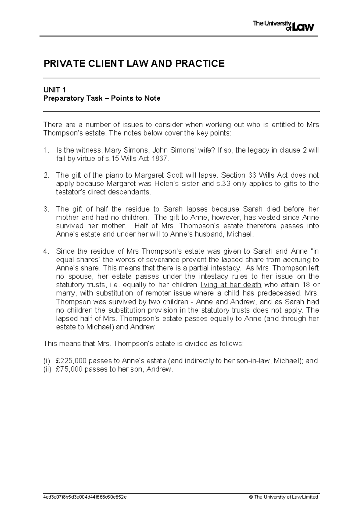 Workshop 1 Prep Task Points to Note for Private Client Law & Practice ...