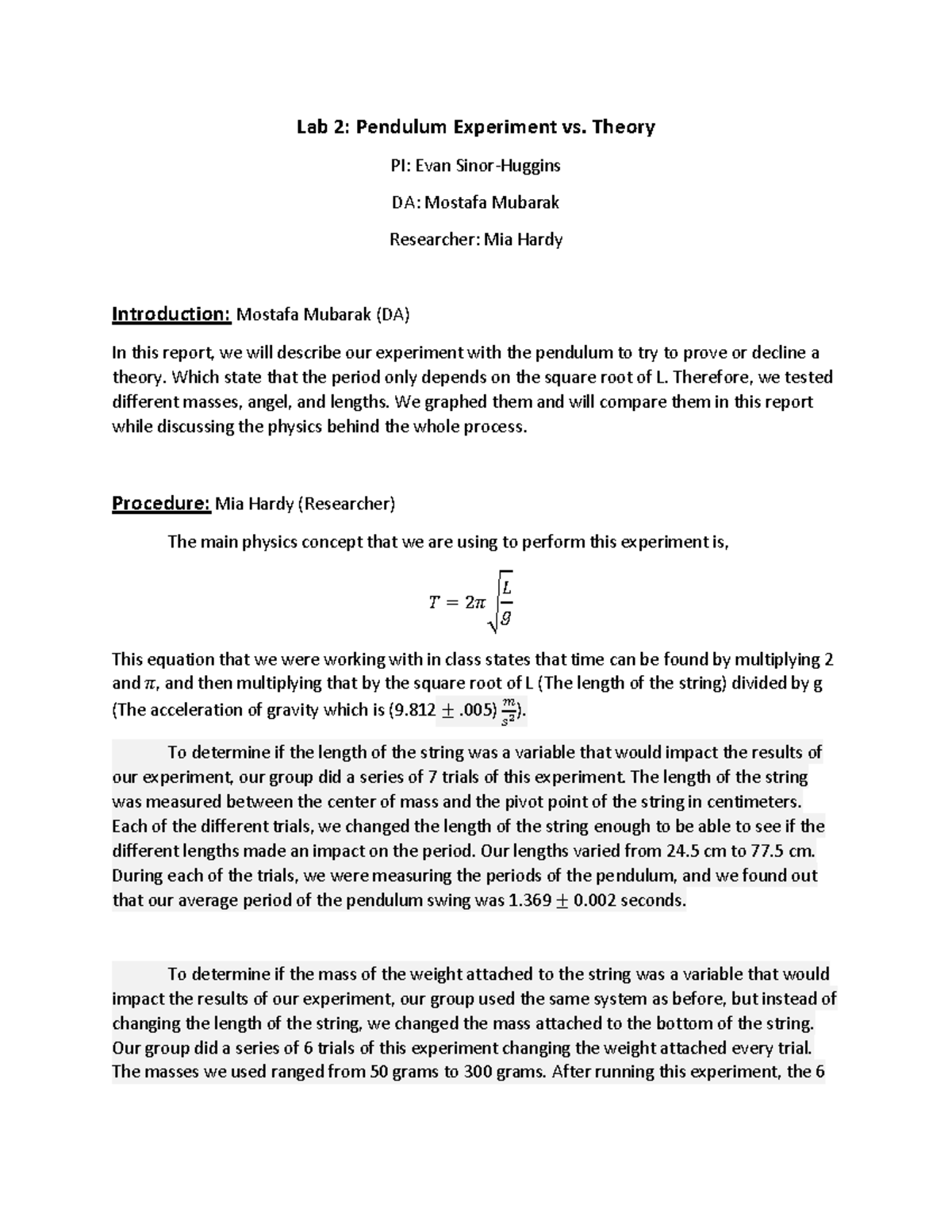 Lab 2 Report Lab 2 Lab 2 Pendulum Experiment vs. Theory PI Evan