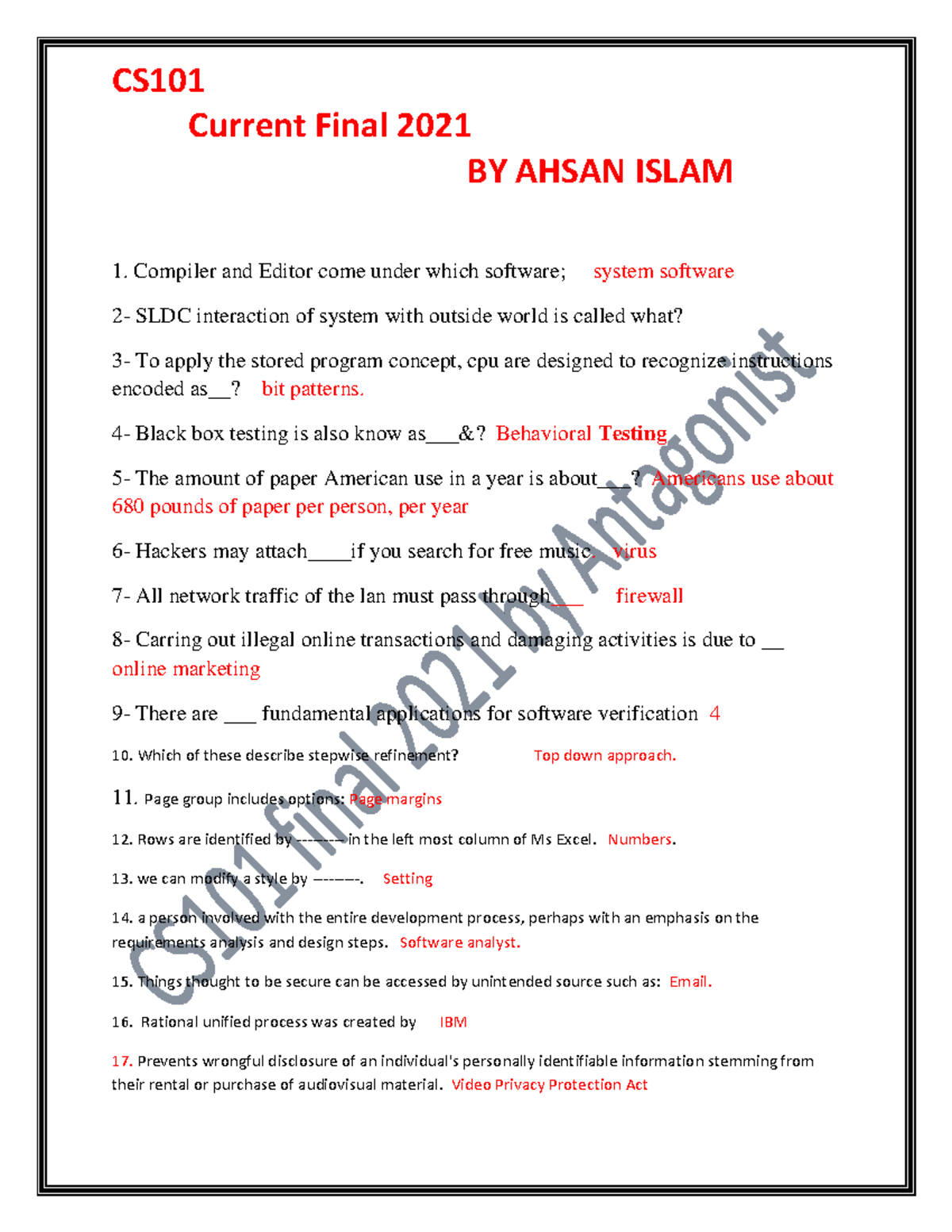 CS101 Current Papers 2021-1 - Current Final 2021 BY AHSAN ISLAM 1 ...