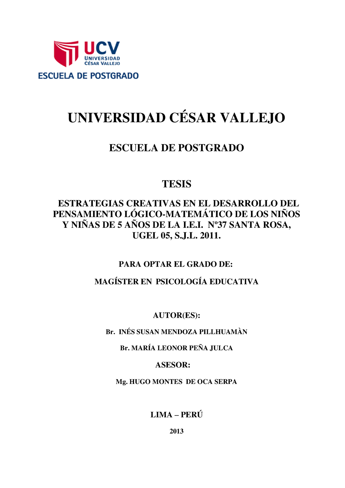 Mendoza PIS-Peña JML - Gracias - UNIVERSIDAD CÉSAR VALLEJO ESCUELA DE ...