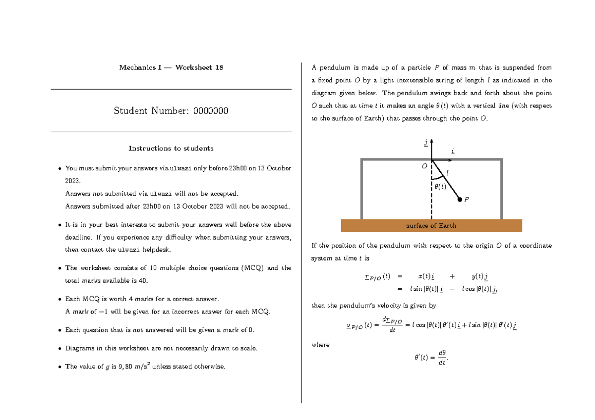 Wrk18 sample - Mechanics I — Worksheet 18 Student Number: 0000000 ...