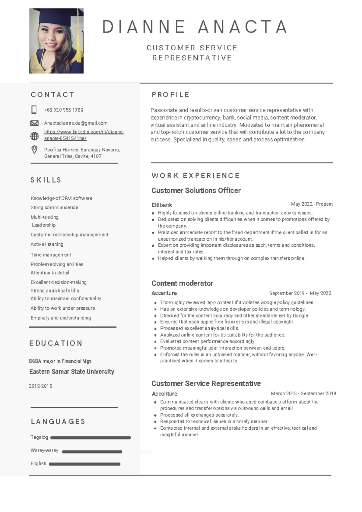 Dianne Anacta Updated Resume - Tagalog Waray-waray English +63 920 953 ...