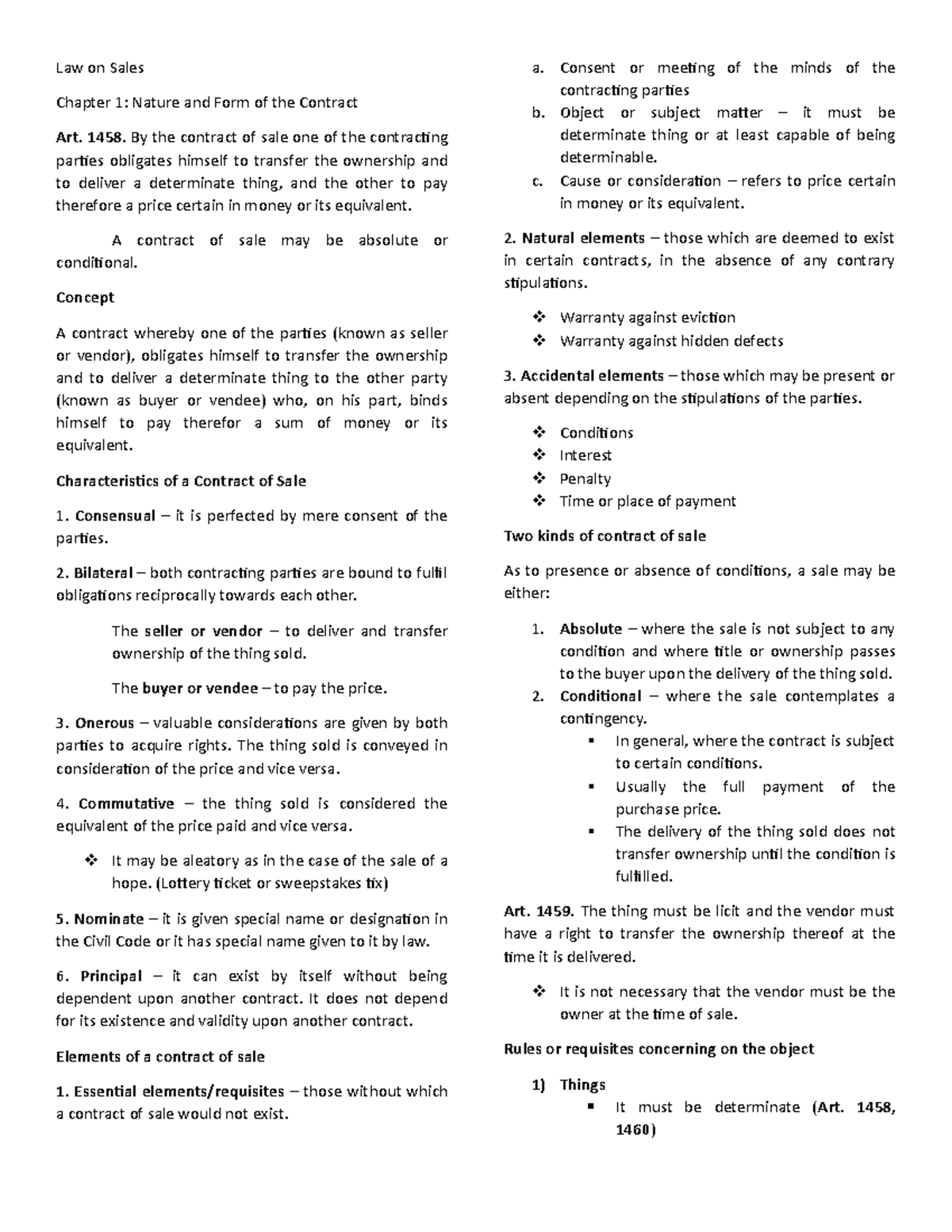 Sales Chp 1 - Law On Sales Chapter 1: Nature And Form Of The Contract ...