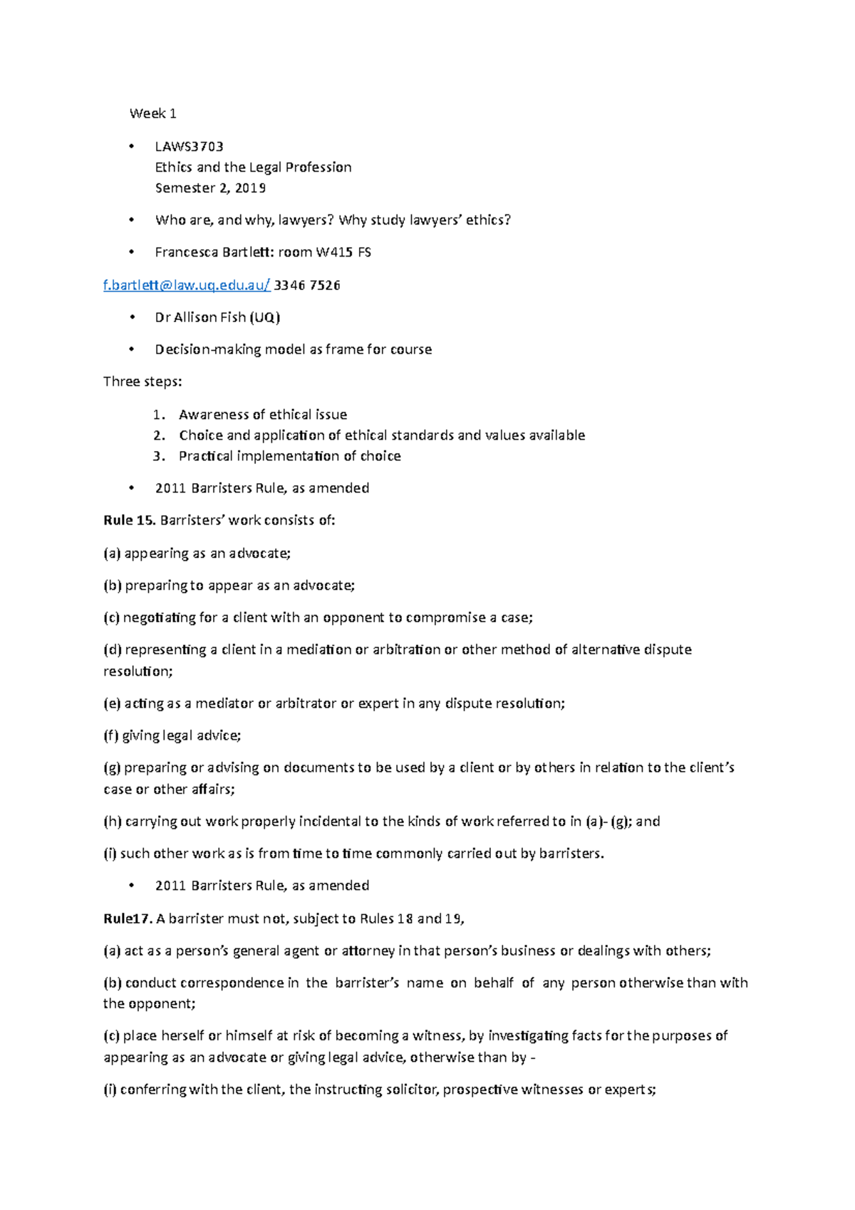 Summary of lecture notes - Week 1 LAWS Ethics and the Legal Profession ...