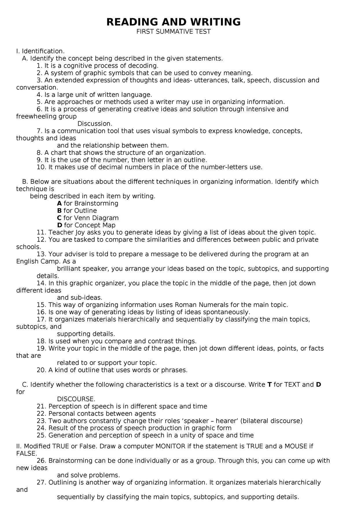 Summative Test 1 - Rws - Reading And Writing First Summative Test I 