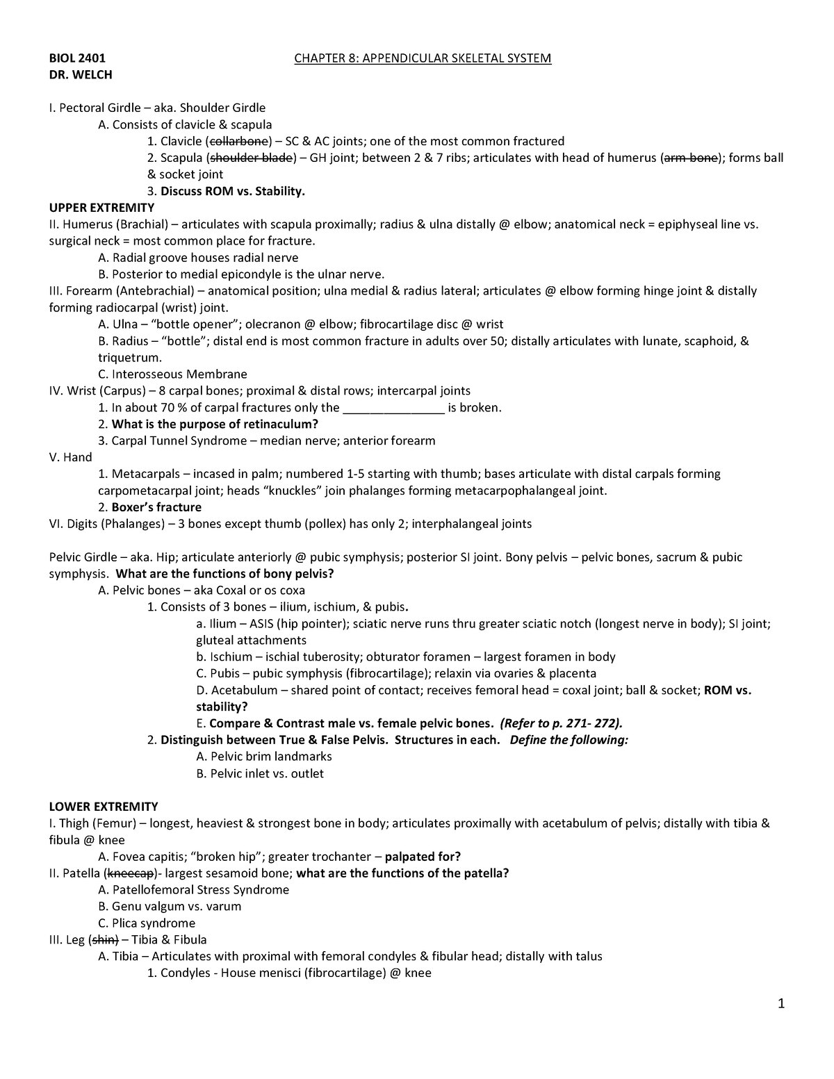 BIOL 2401 Chapter 8 - 1 BIOL 2401 CHAPTER 8: APPENDICULAR SKELETAL ...