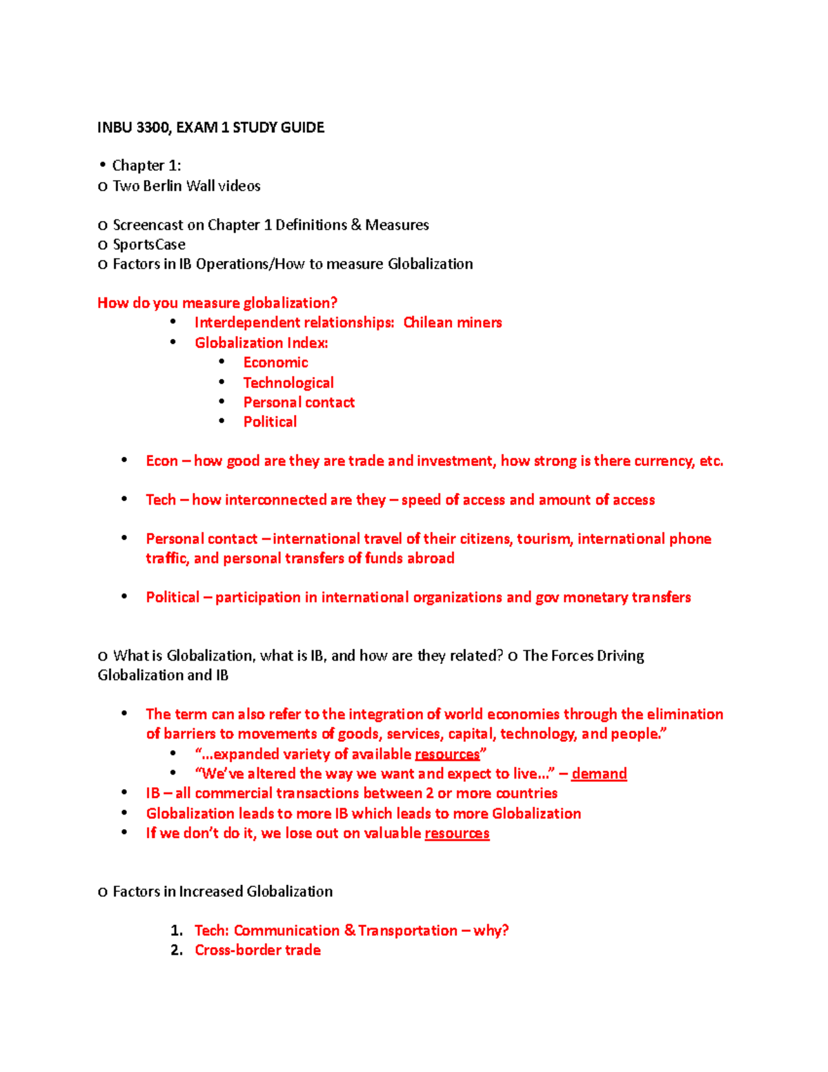 Study Guide - INBU 3300, EXAM 1 STUDY GUIDE Chapter 1: o Two Berlin ...