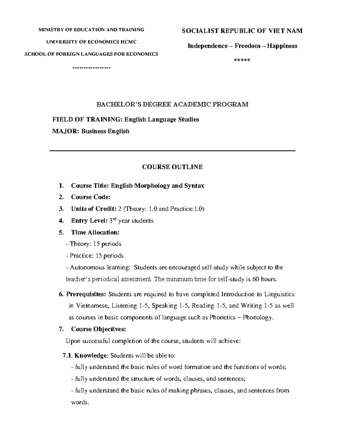 31. Hình tháiCú pháp học Syllabus BACHELOR’S DEGREE ACADEMIC PROGRAM