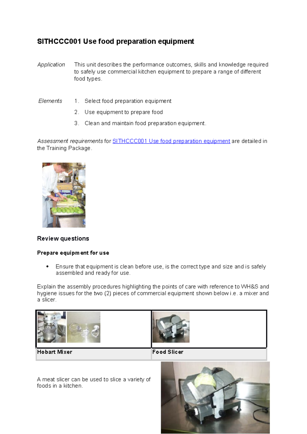 Student Sithccc 001Usefoodpreparationequipment SITHCCC001 Use