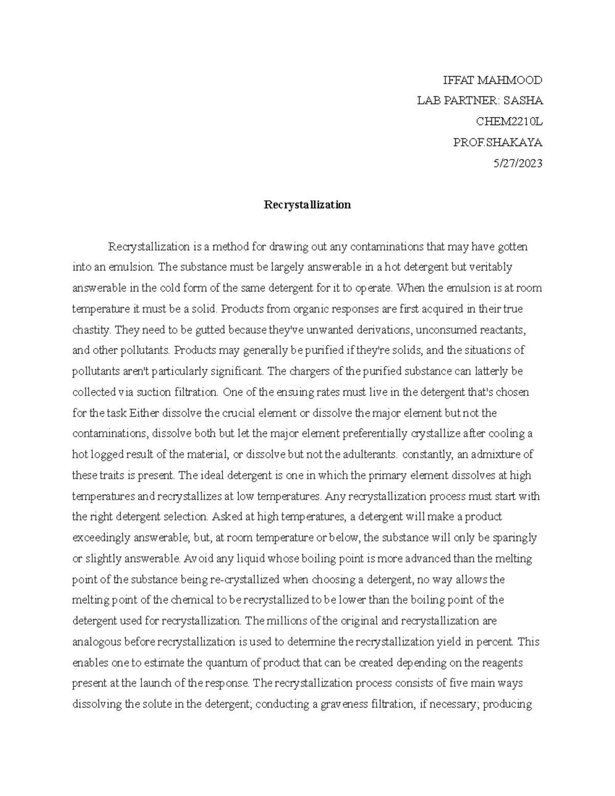 Recrystallization Lab Report - IFFAT MAHMOOD LAB PARTNER: SASHA ...