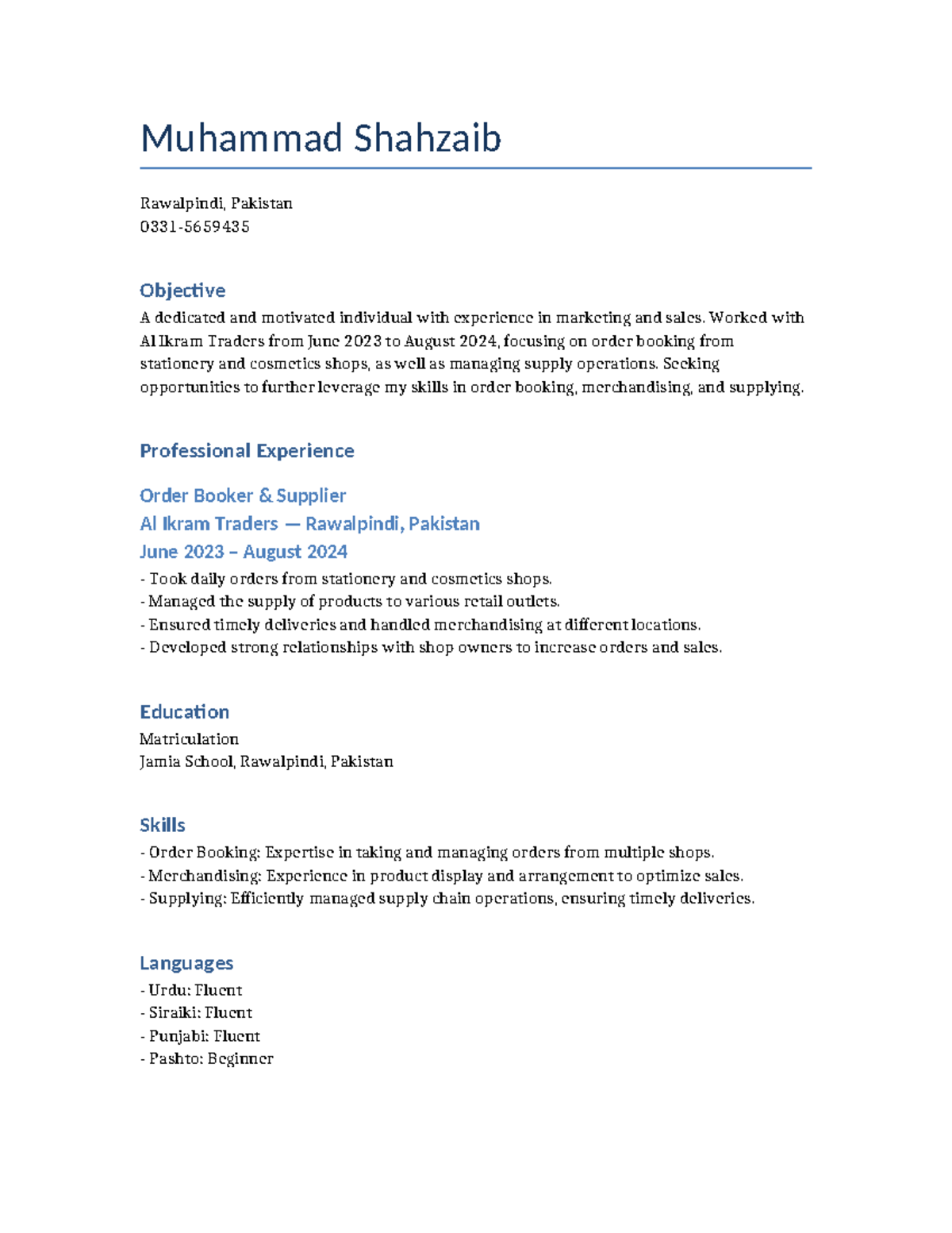 Muhammad Shahzaib CV Single Page - Muhammad Shahzaib Rawalpindi ...