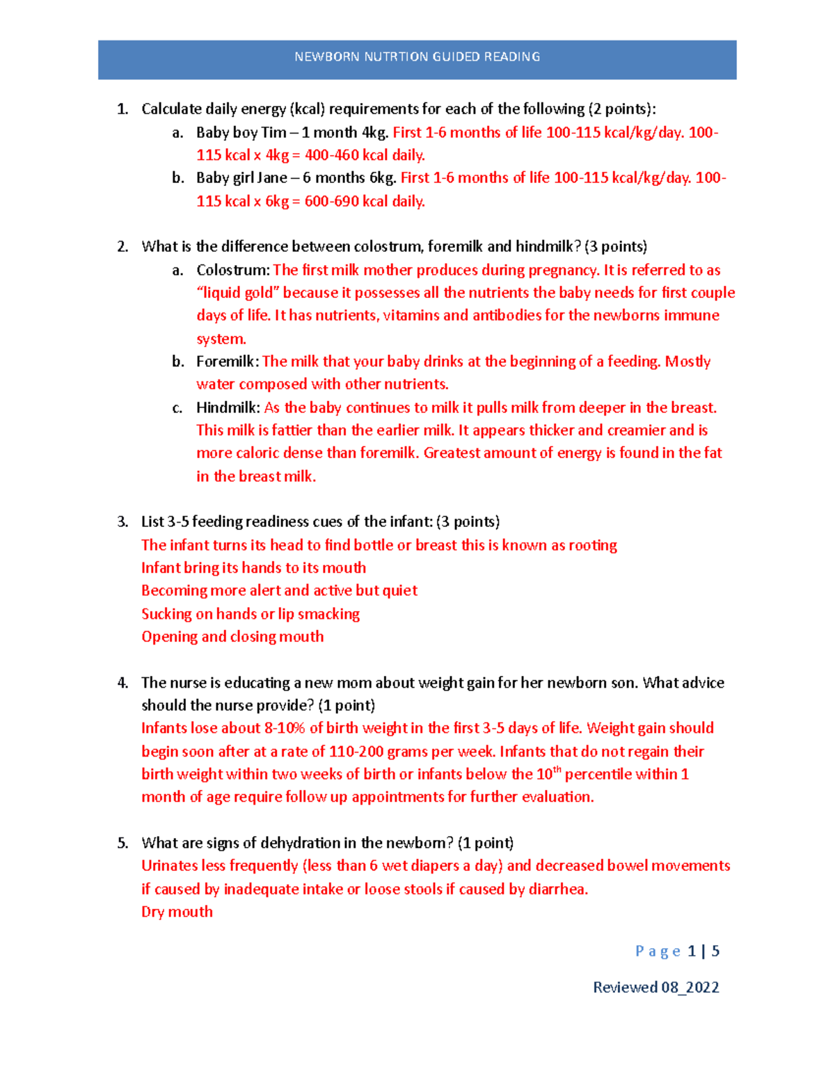 Newborn Nutrition Guided Reading Calculate daily energy (kcal