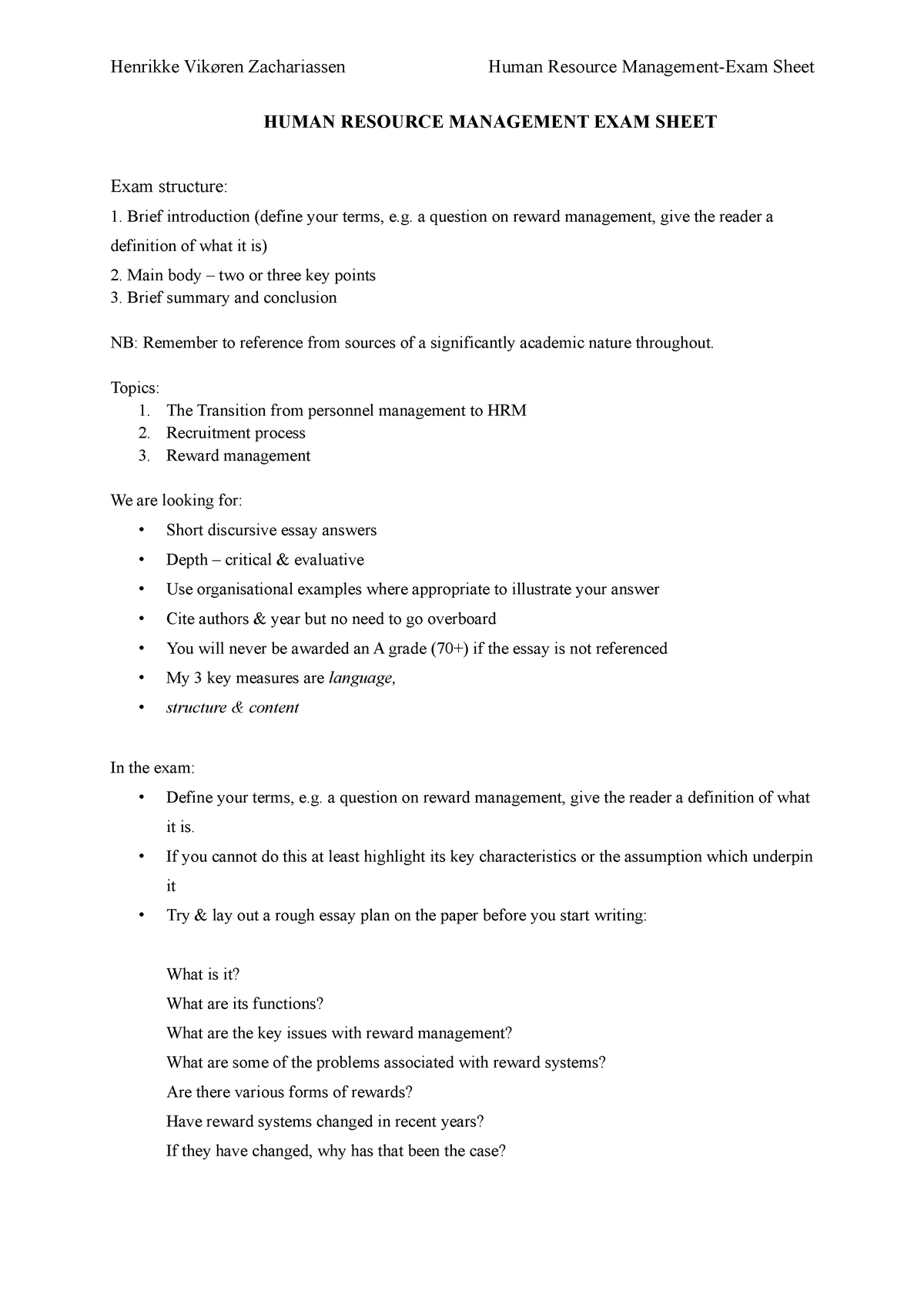 Human Resource Management EXAM Sheet - HUMAN RESOURCE MANAGEMENT EXAM ...