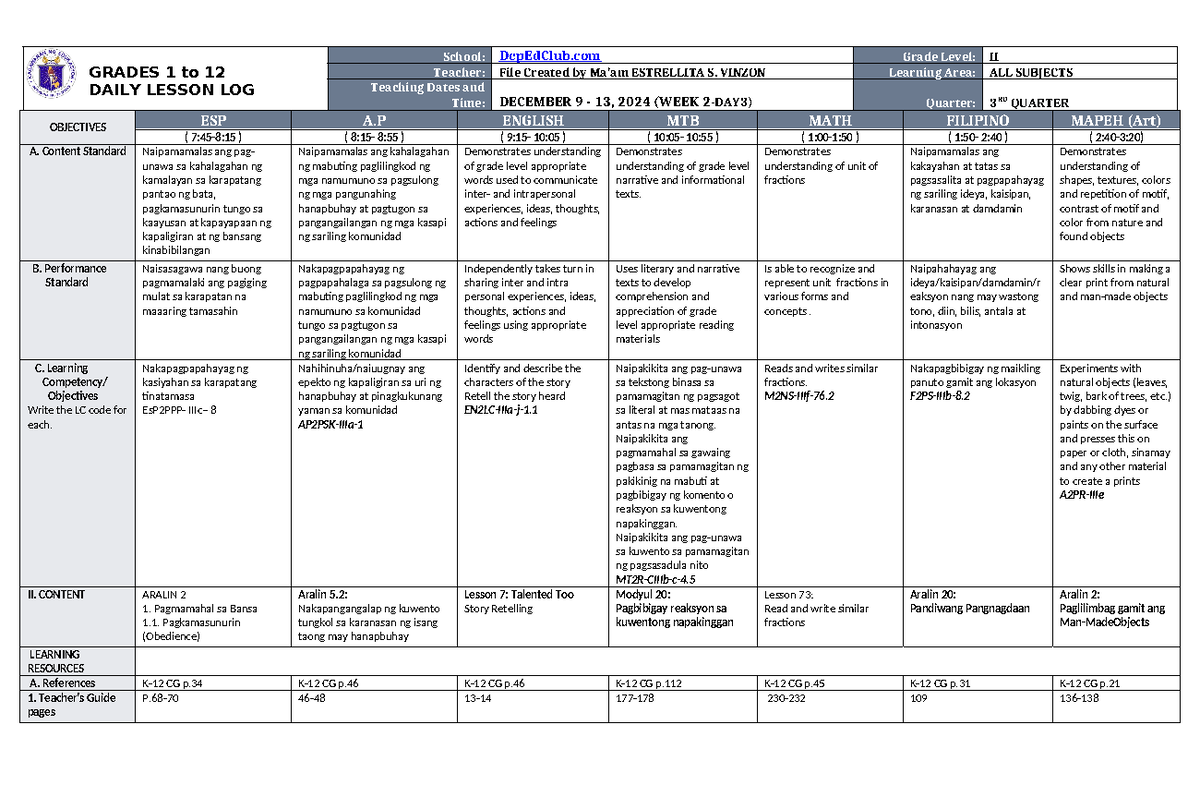 DLL ALL Subjects 2 Q3 W2 D3 - GRADES 1 to 12 DAILY LESSON LOG School ...