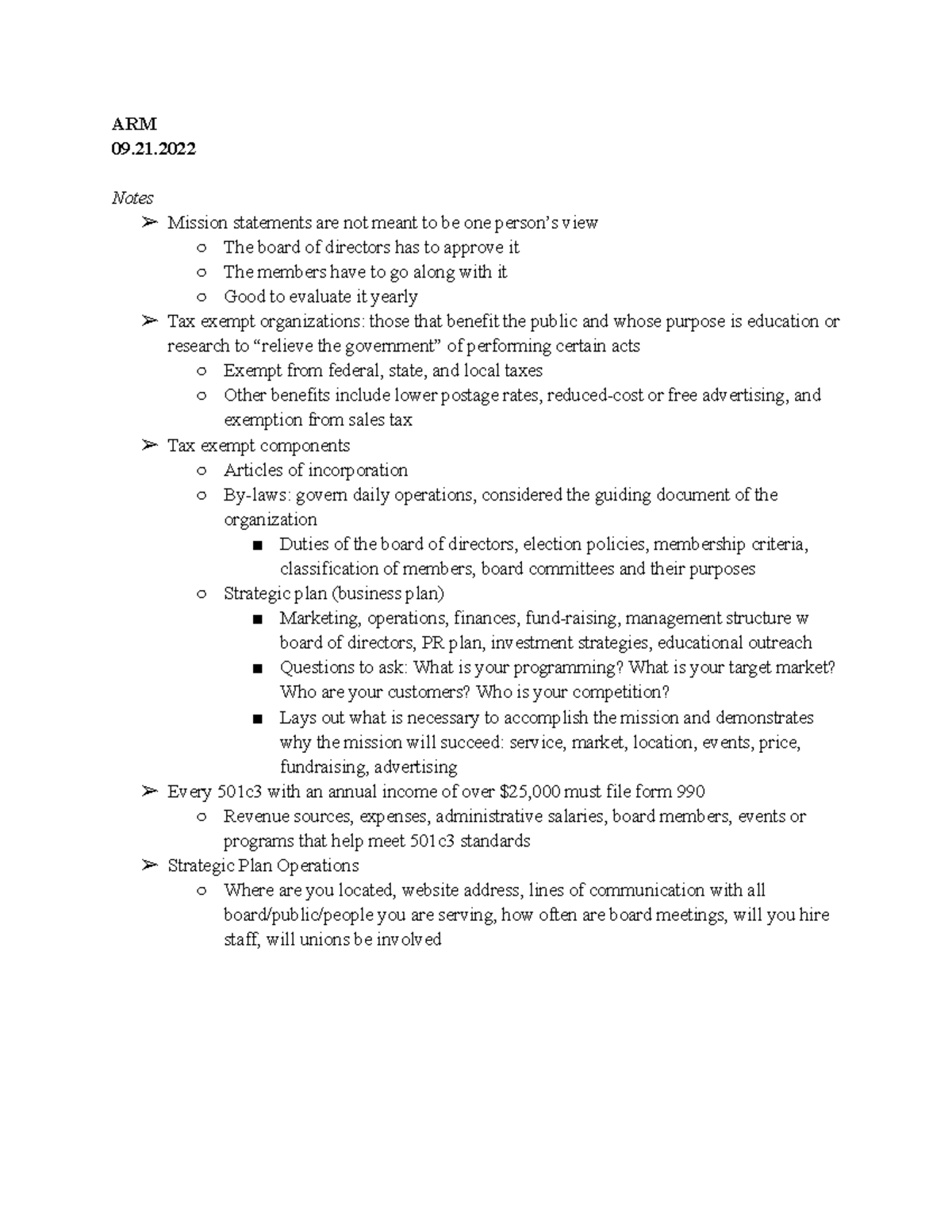 09.21.2022 Notes ARM 09. Notes Mission statements are not meant to be one person’s view The