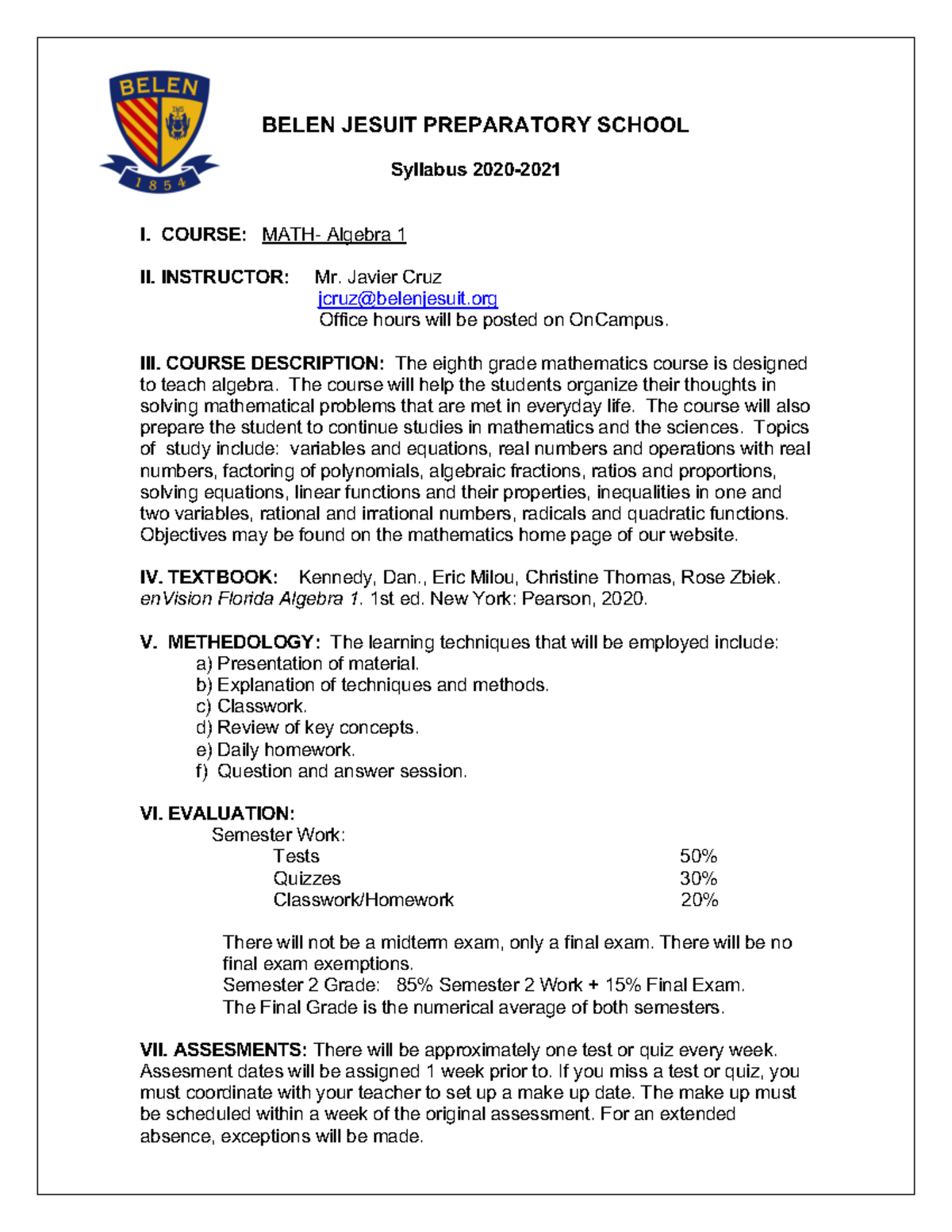 Algebra 1 Syllabus 2020 2021 - BELEN JESUIT PREPARATORY SCHOOL Syllabus ...