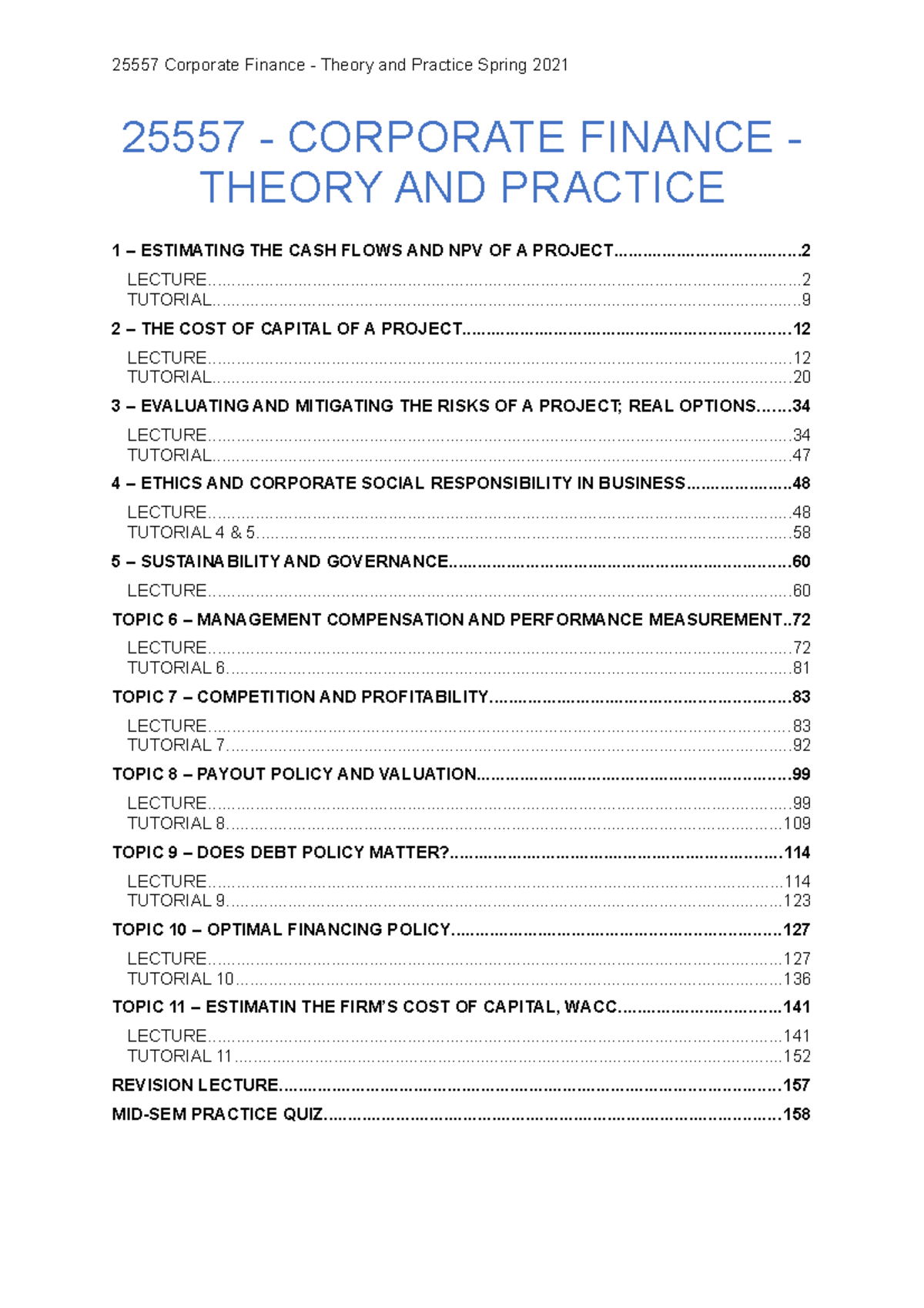 Corporate finance complete lecture notes - 25557 - CORPORATE FINANCE ...