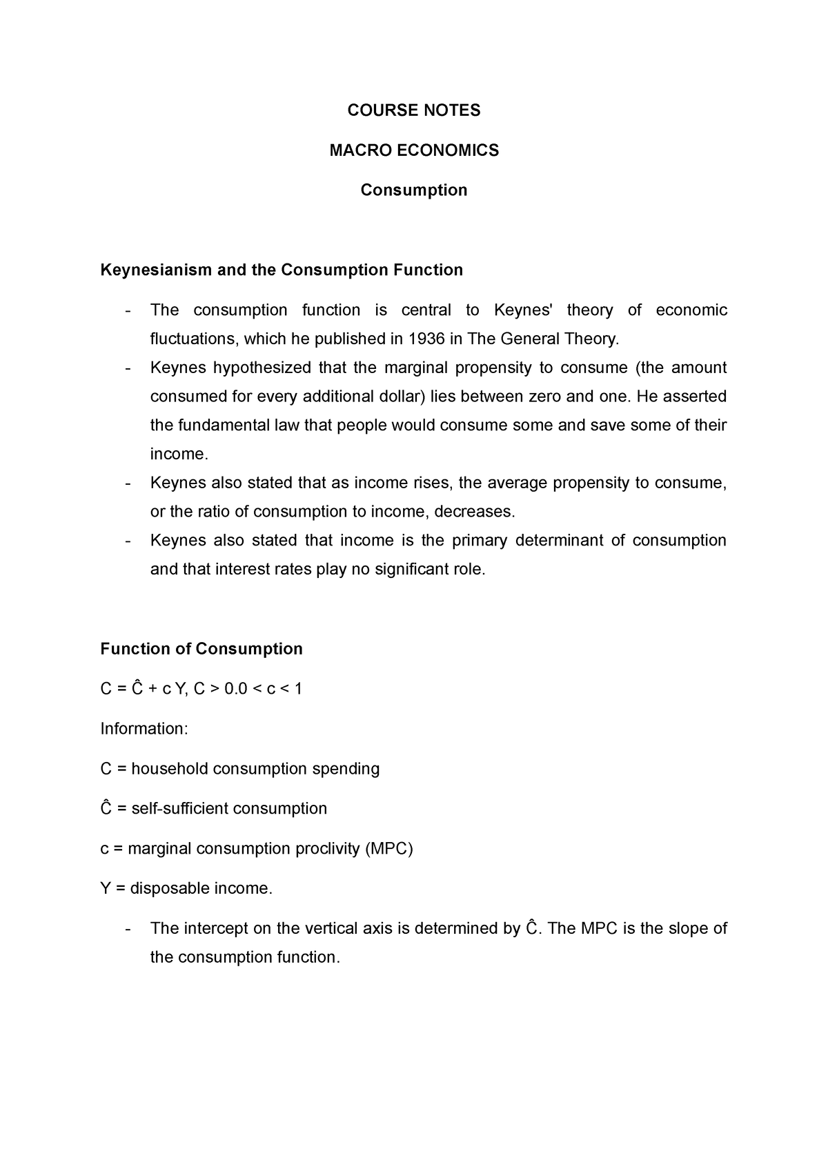 Course Notes Macroeconomics Consumption - COURSE NOTES MACRO ECONOMICS ...