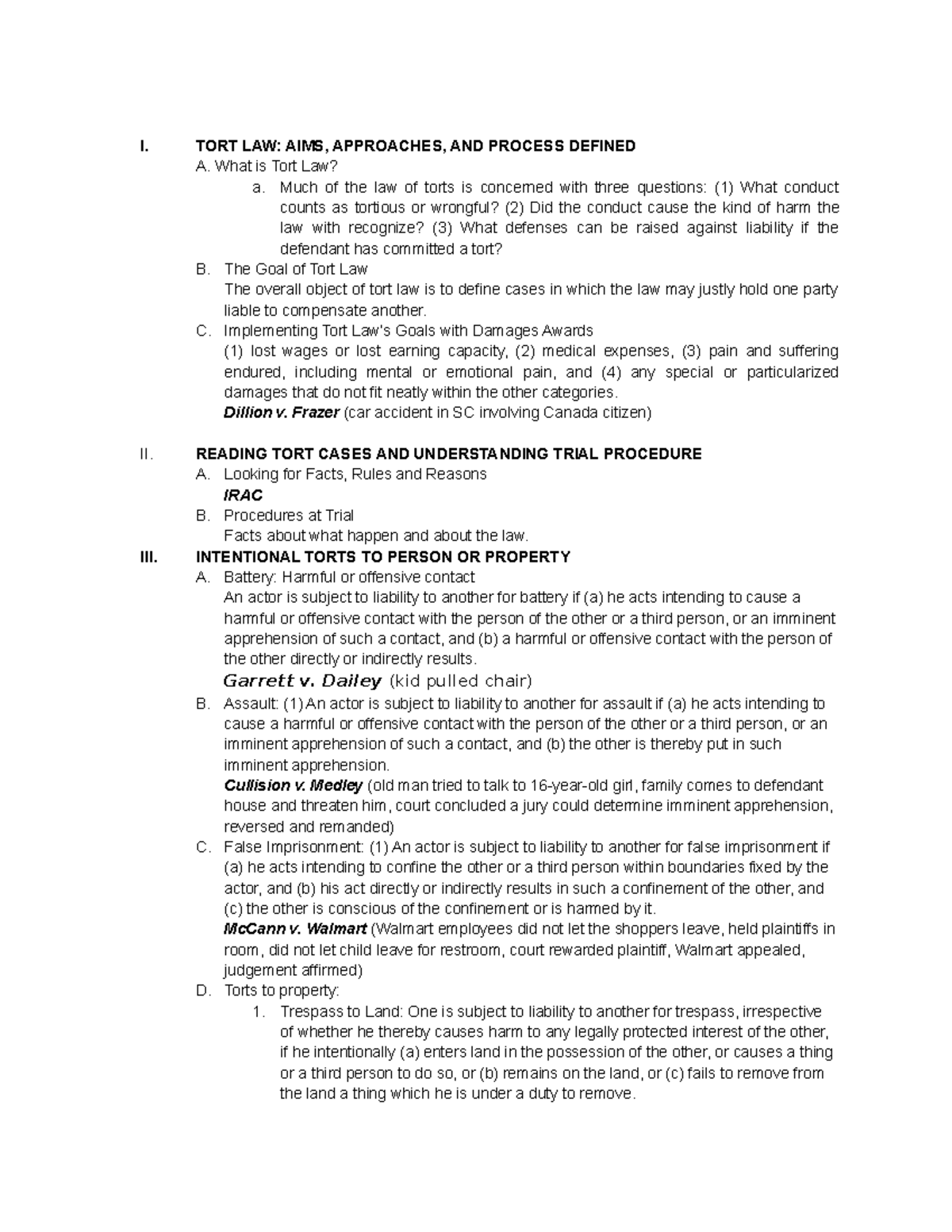 Torts Outline - I. TORT LAW: AIMS, APPROACHES, AND PROCESS DEFINED A ...