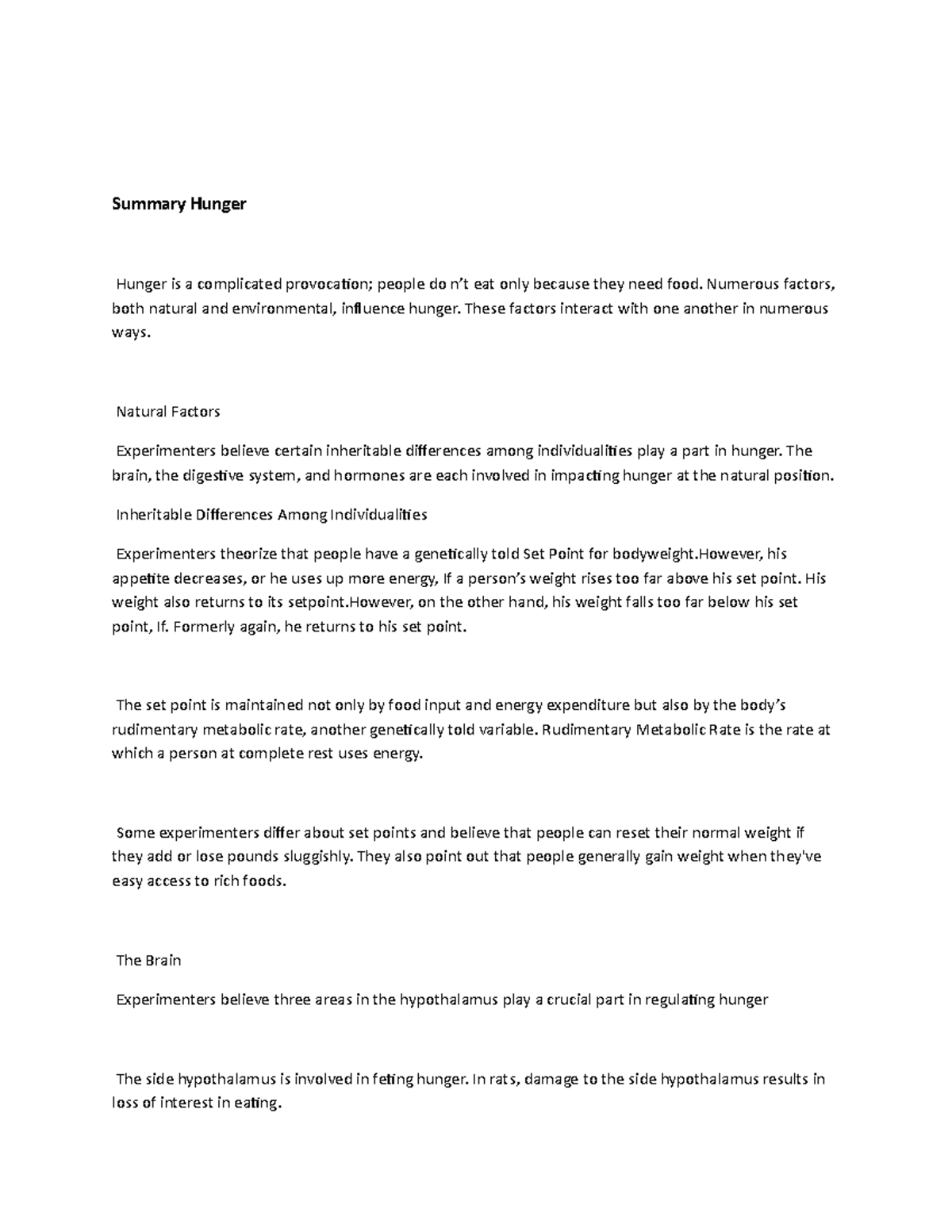 Summary Hunger-note - Summary Hunger Hunger is a complicated ...