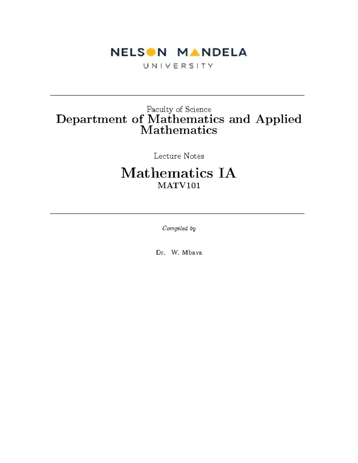 MATV101 - Faculty of Science Department of Mathematics and Applied ...