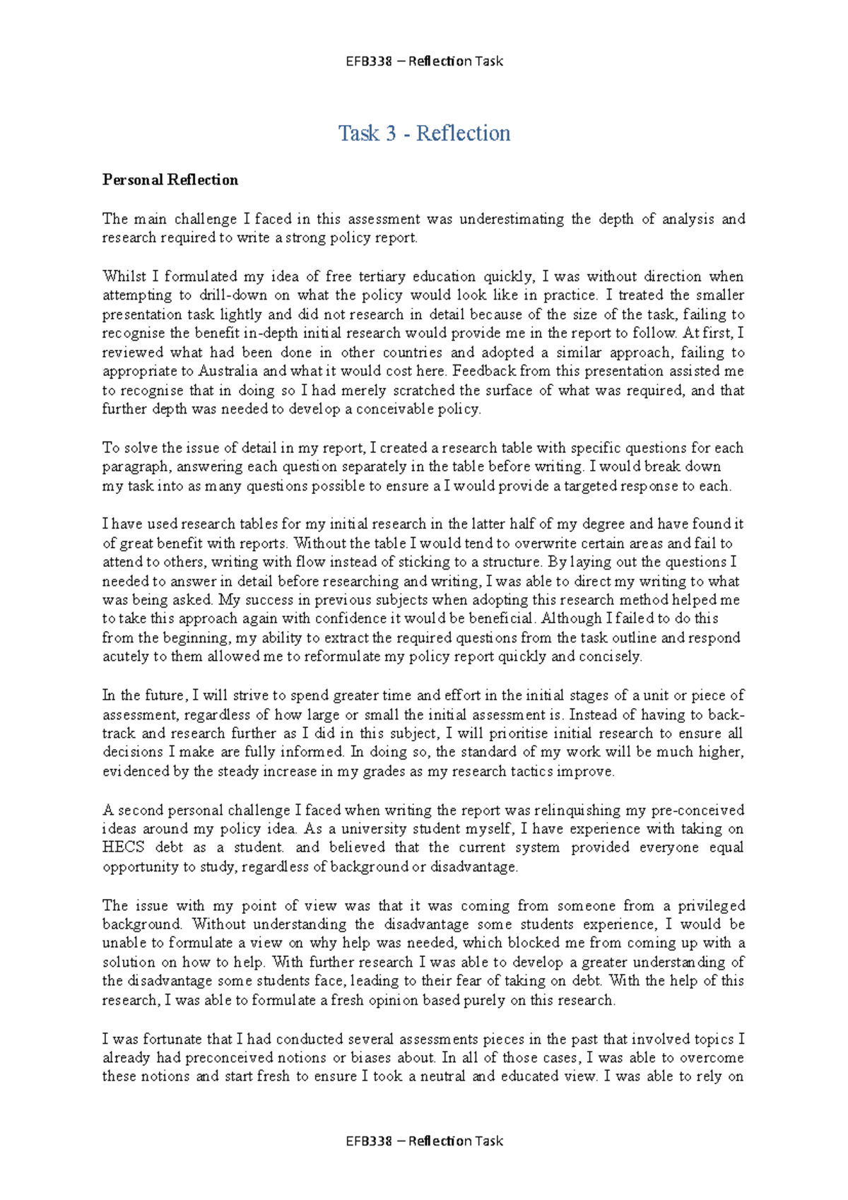 Reflection Task (Assessment 3) 2022 - EFB338 – Reflection Task Task 3 ...