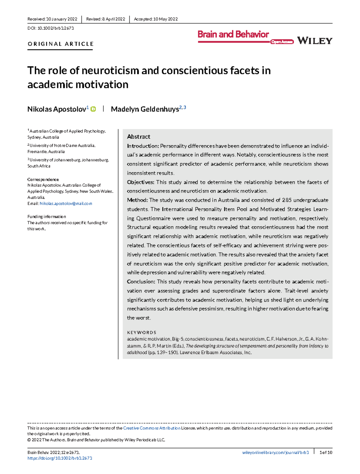The role of neuroticism and co - Received: 30 January 2022 Revised: 8 ...