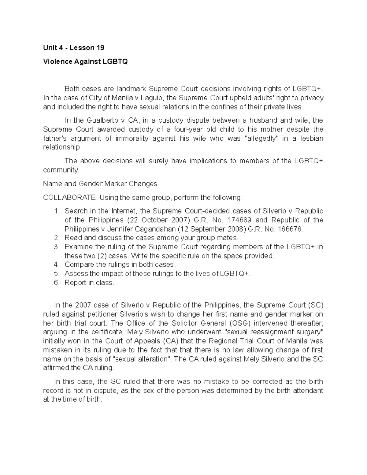 19 Violence Against LGBTQ - Unit 4 - Lesson 19 Violence Against LGBTQ ...