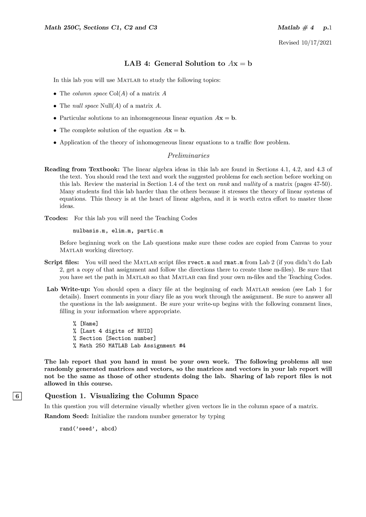 Matlab 4 - Revised 10/17/ LAB 4: General Solution To Ax = B In This Lab ...