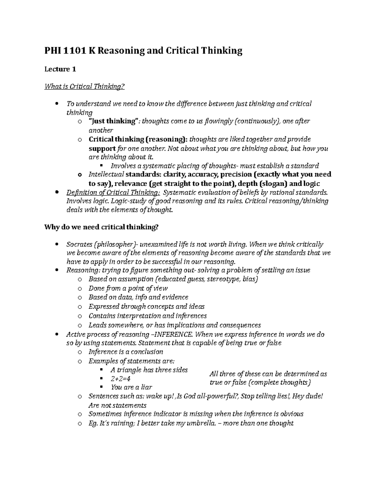 Intro to Critical Thinking - PHI 1101 K Reasoning and Critical Thinking ...