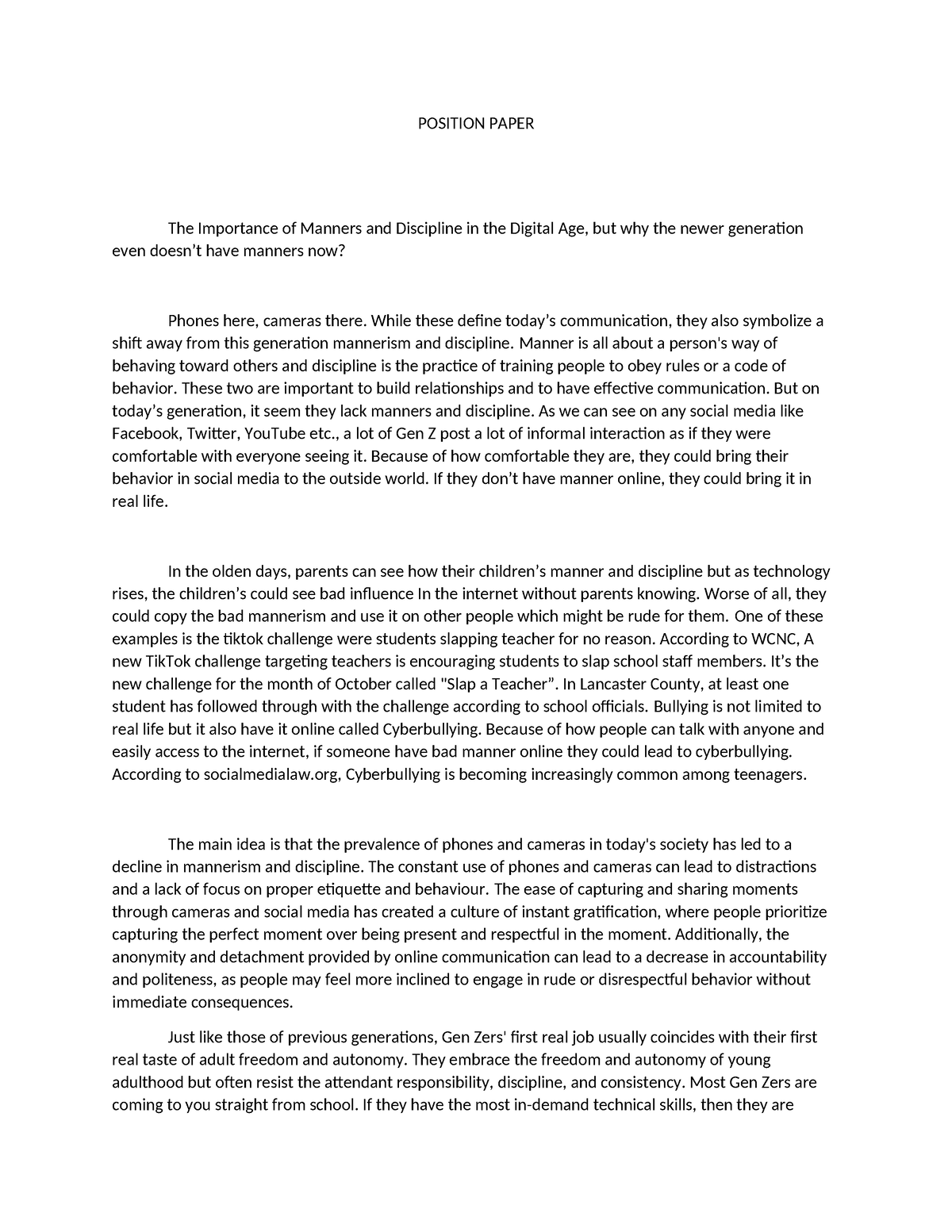 Position Paper - POSITION PAPER The Importance of Manners and ...