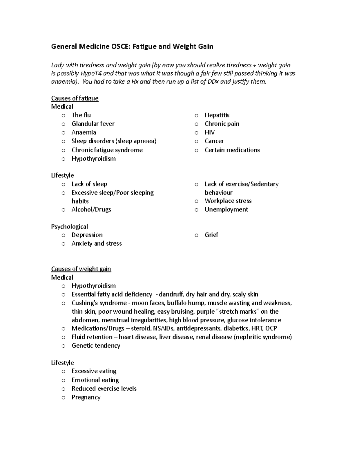 Fatigue and Weight gain General Medicine OSCE Fatigue and Weight