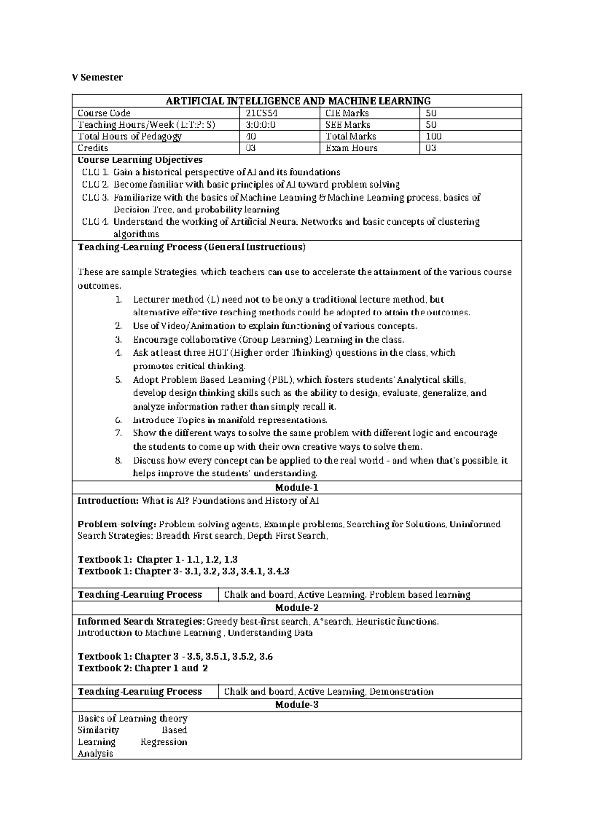 Aiml syllabus-cse-5sem - V Semester ARTIFICIAL INTELLIGENCE AND MACHINE ...