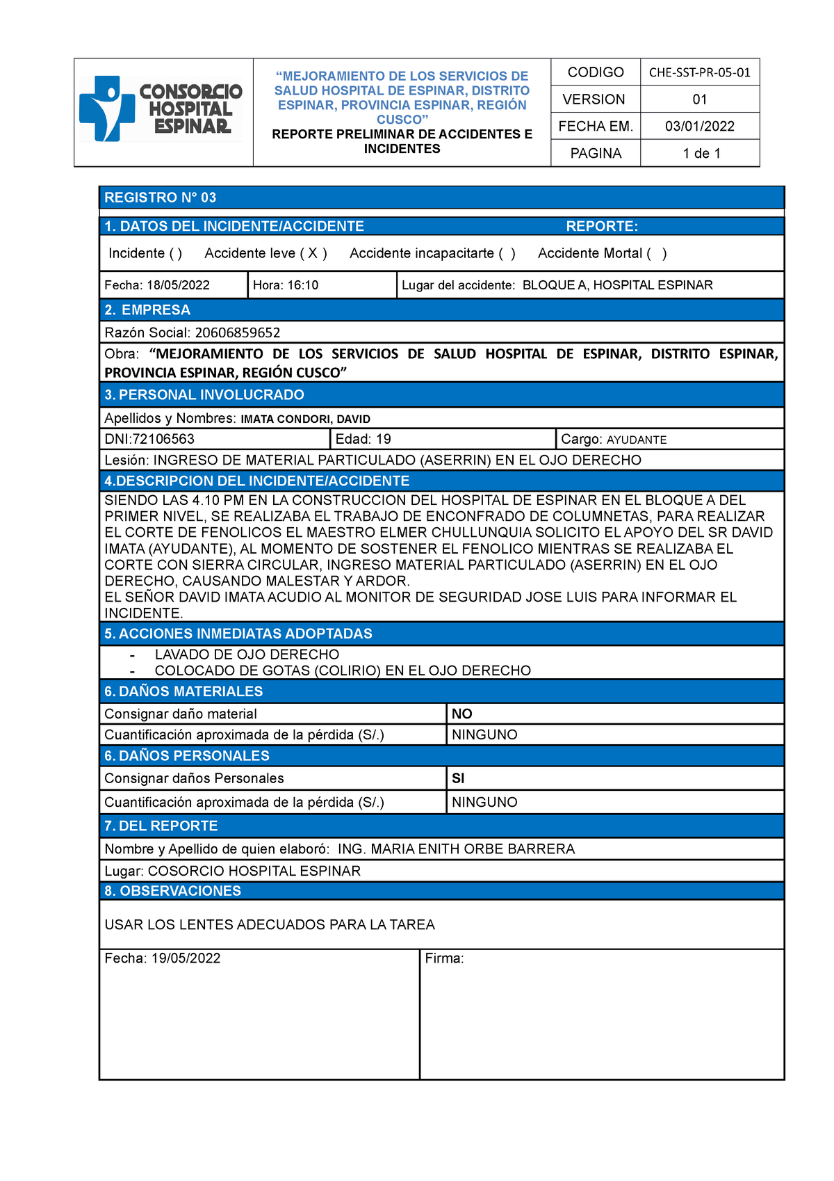 Informe Preliminar DE Accidente  CPA-SST-PR-05-01 - “MEJORAMIENTO  DE LOS SERVICIOS DE SALUD - Studocu