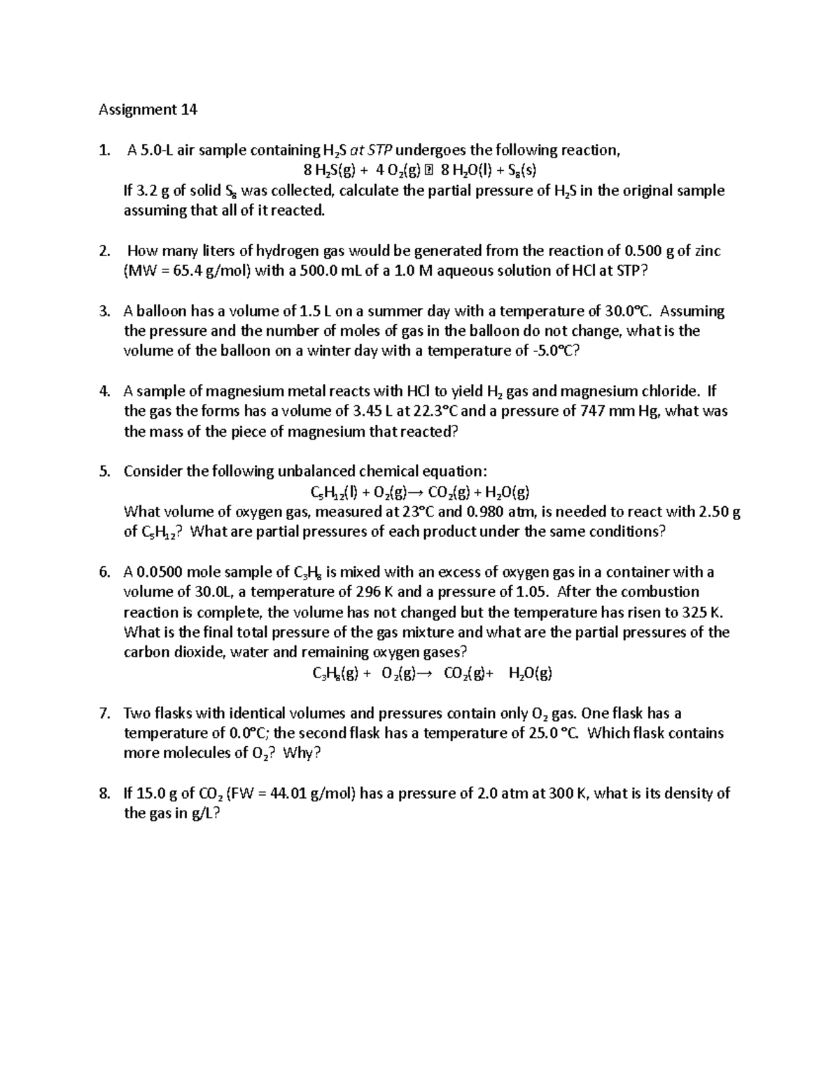 Assignment+14+Gas+Law - Assignment 14 A 5-L air sample containing H 2 S ...