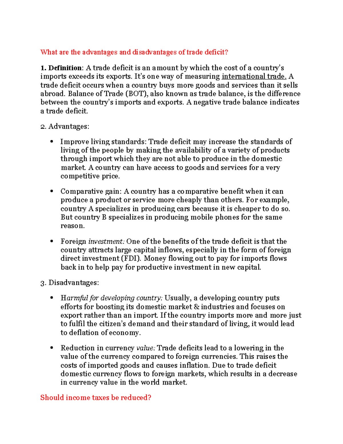 What are the advantages and disadvantages of trade deficit Definition