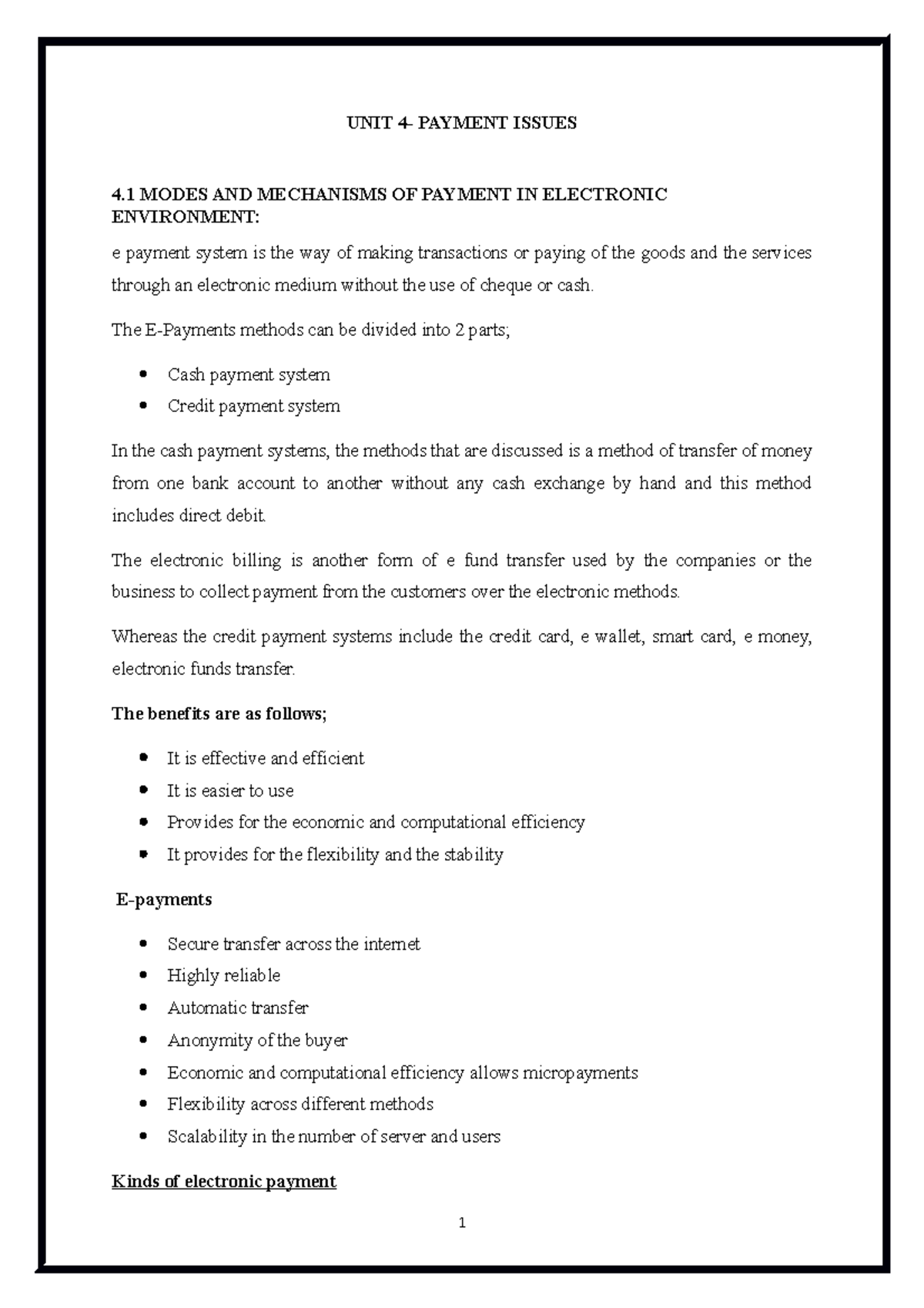 UNIT 4 E Commerce - notes for end sem - UNIT 4- PAYMENT ISSUES 4 MODES ...