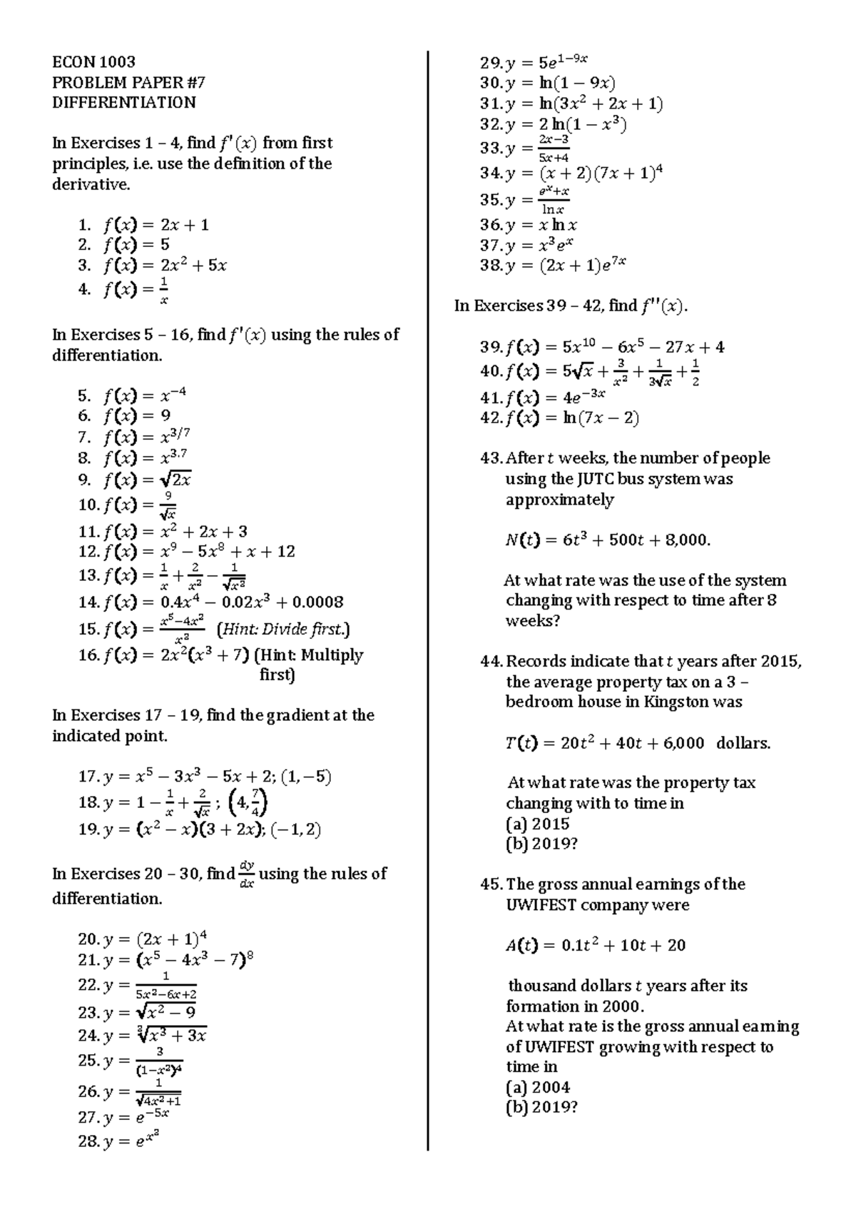 Econ 1003 Pp 7 19 Econ Problem Paper 7 Differentiation In Exercises 1 4 Find Studocu
