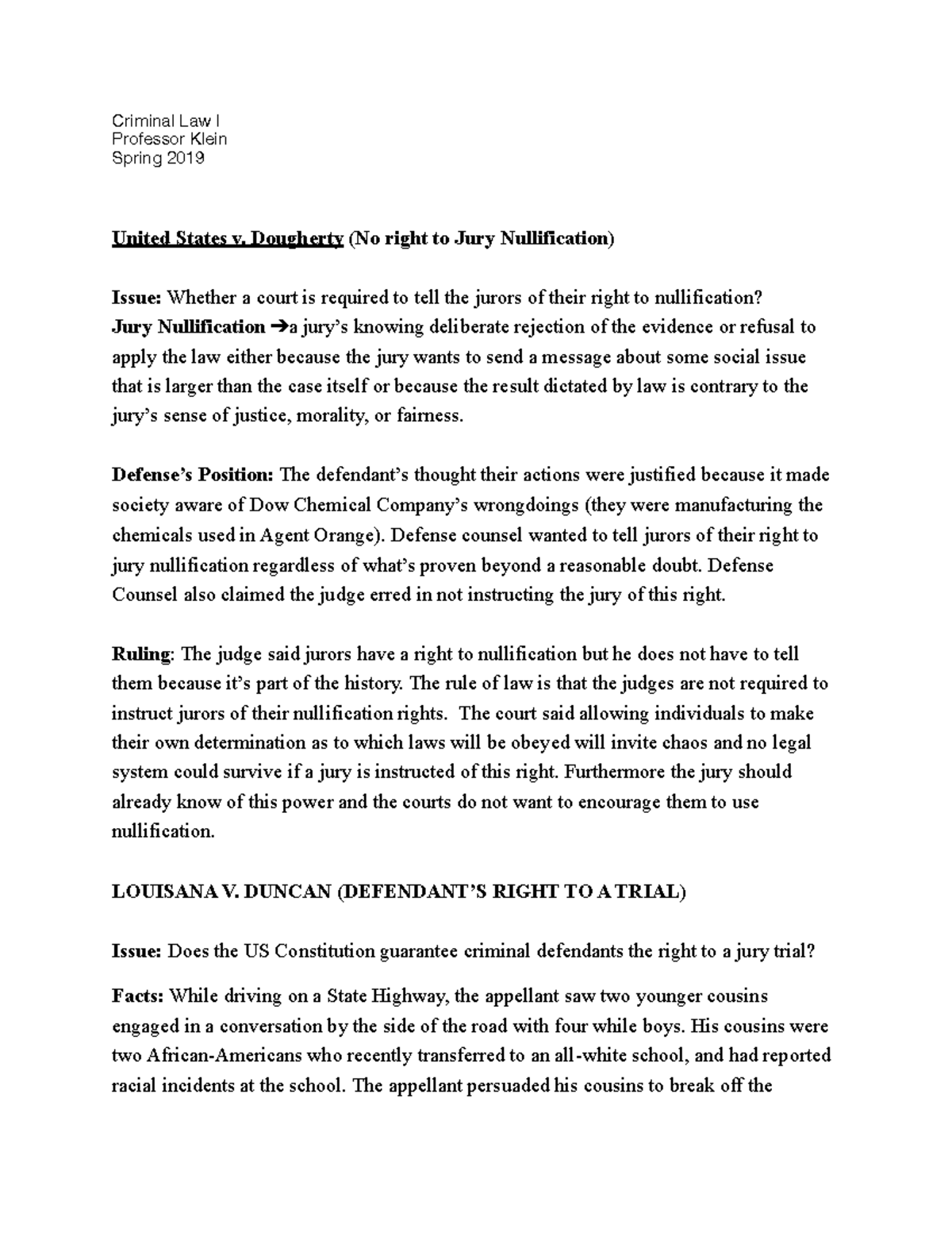 Defendant’S Right TO A Trial - Criminal Law I Professor Klein Spring ...