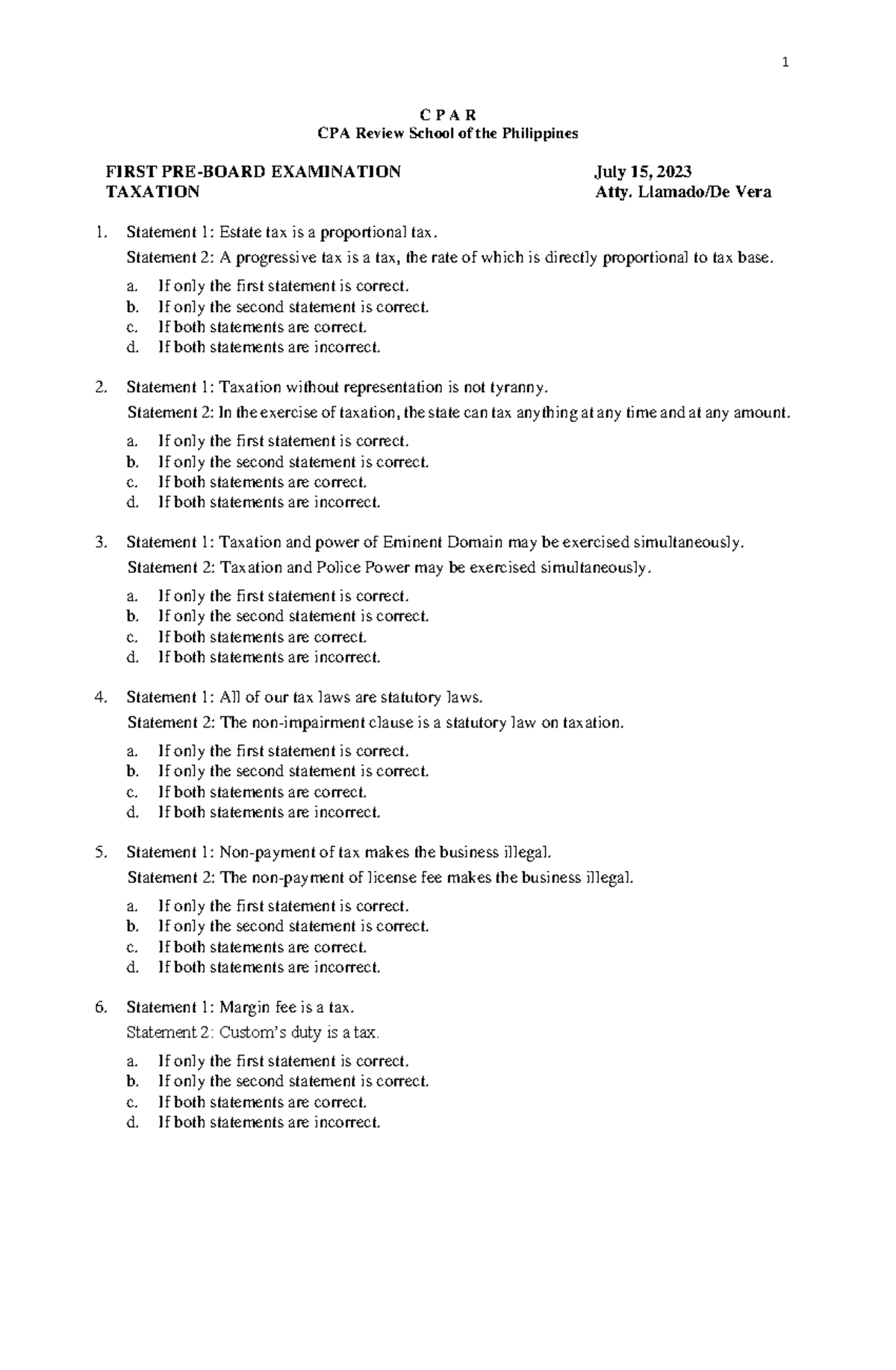 Taxation First Preboard Examination - Questionnaire - C P A R CPA ...