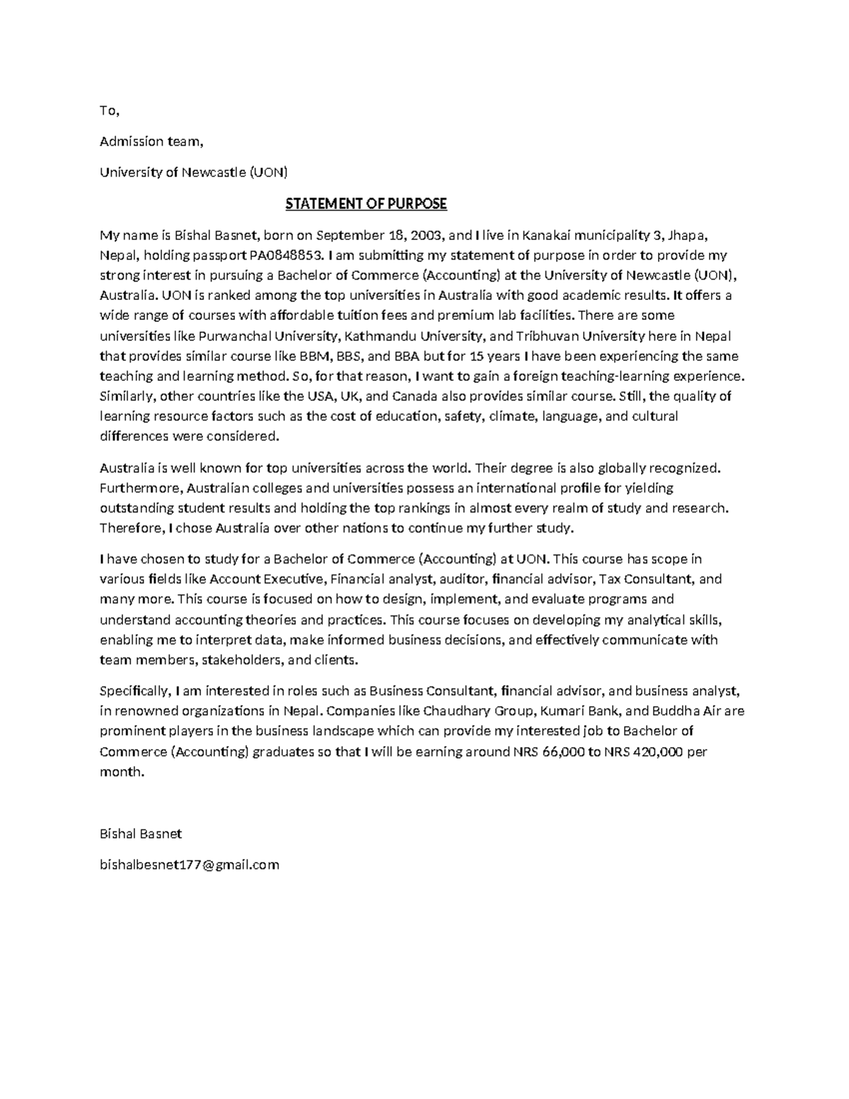 Sop - This is an example of how to write sop. - To, Admission team ...