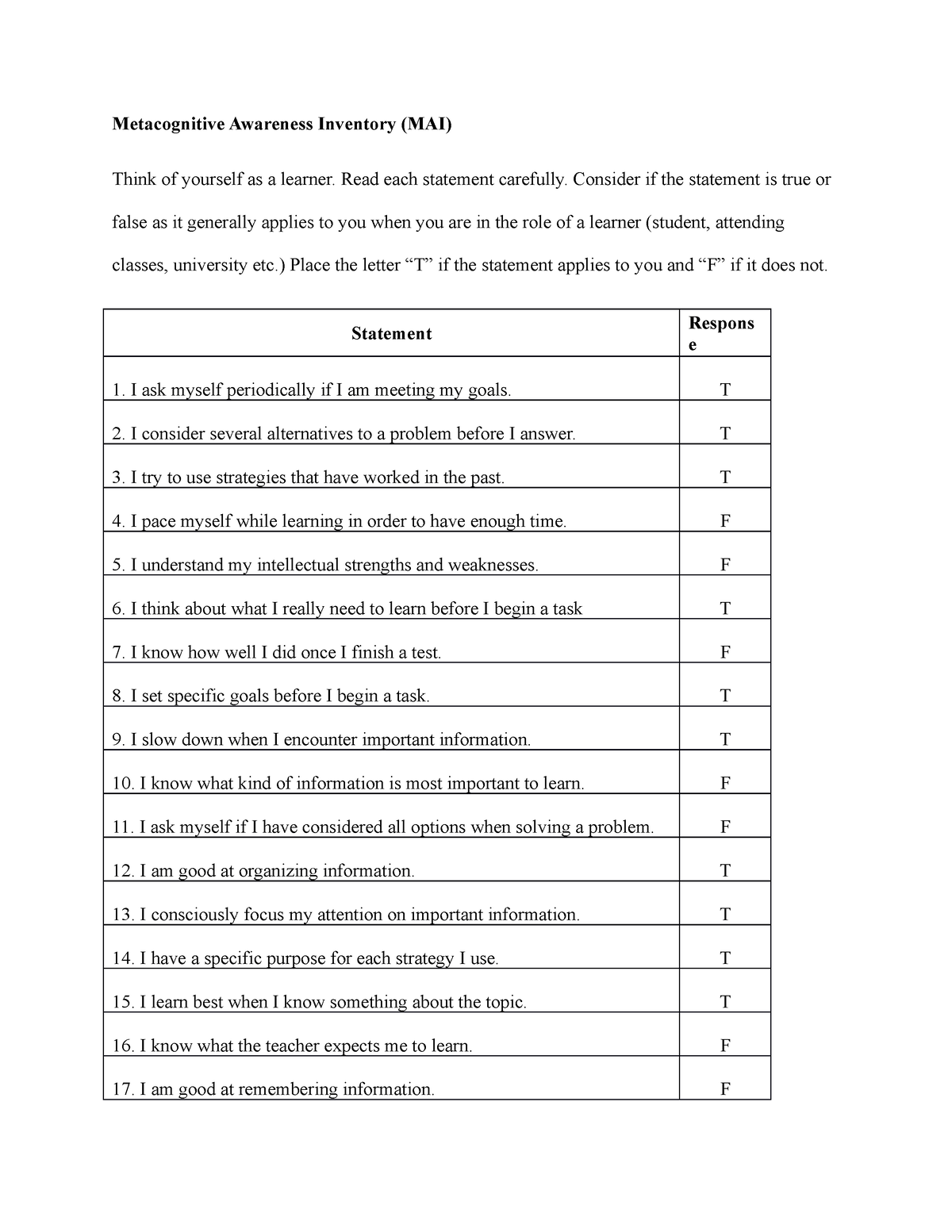 metacognitive awareness inventory essay