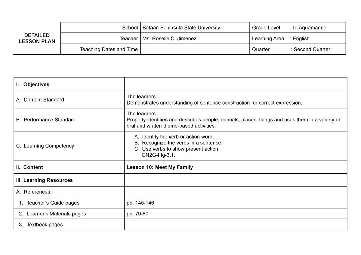 NNcbbahjcb - DETAILED LESSON PLAN School Bataan Peninsula State ...