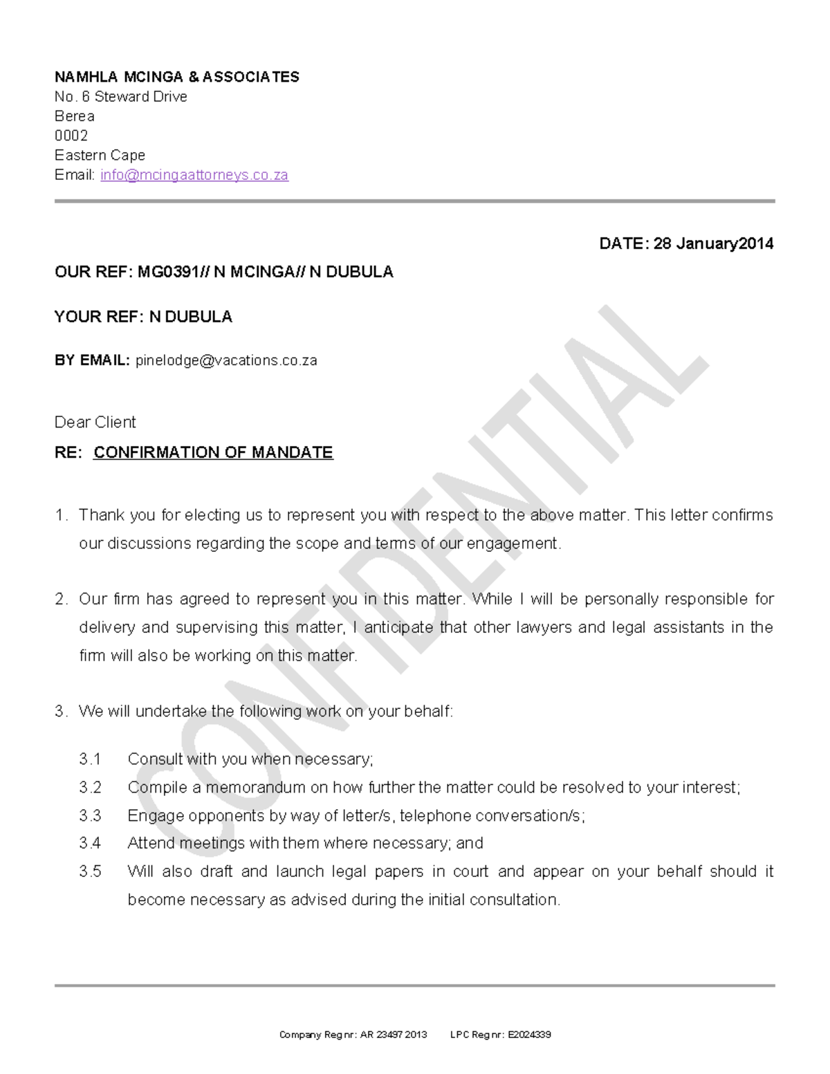 Letter Confirmation OF Instructions - NAMHLA MCINGA & ASSOCIATES No. 6 ...