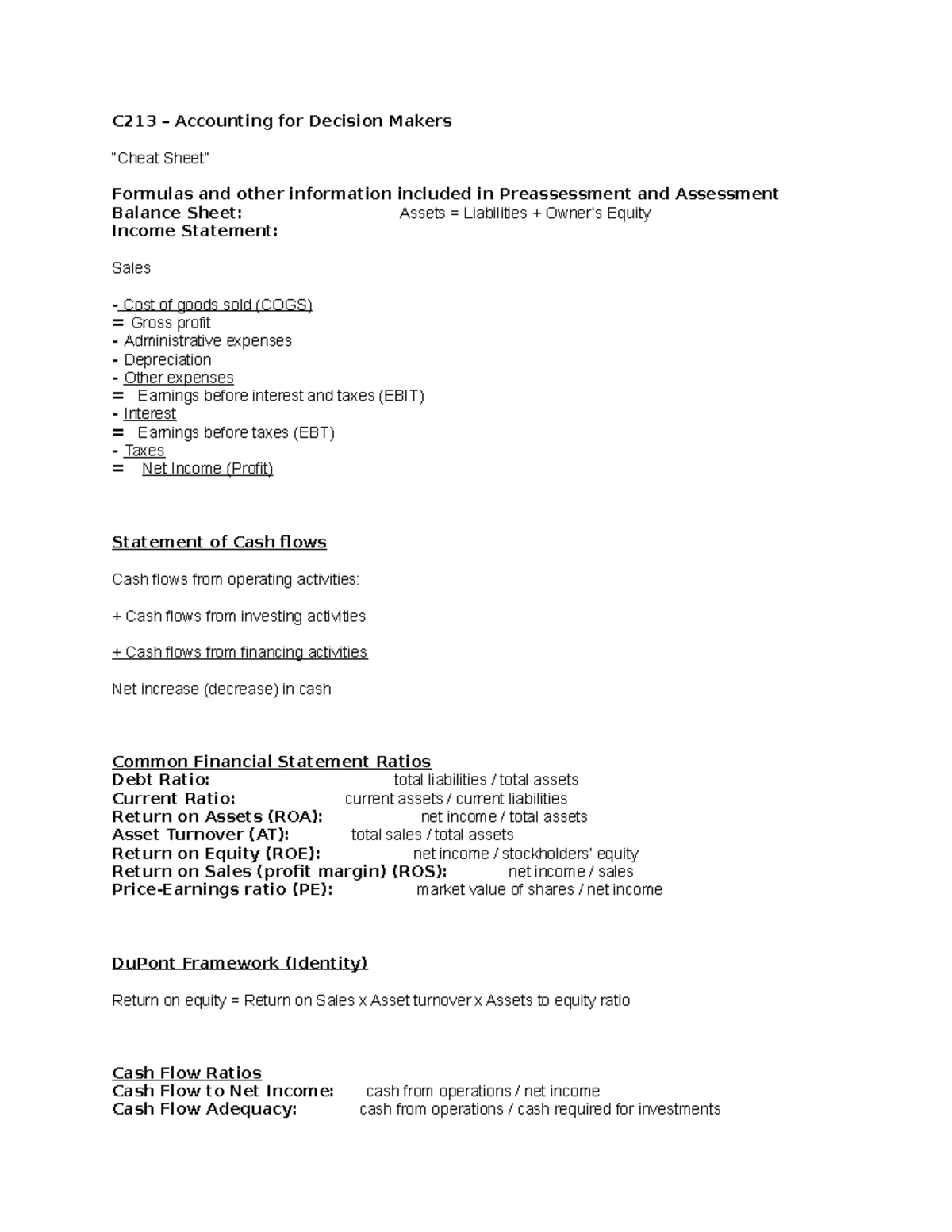 Cheat Sheet - C213 - C213 – Accounting For Decision Makers “Cheat Sheet ...