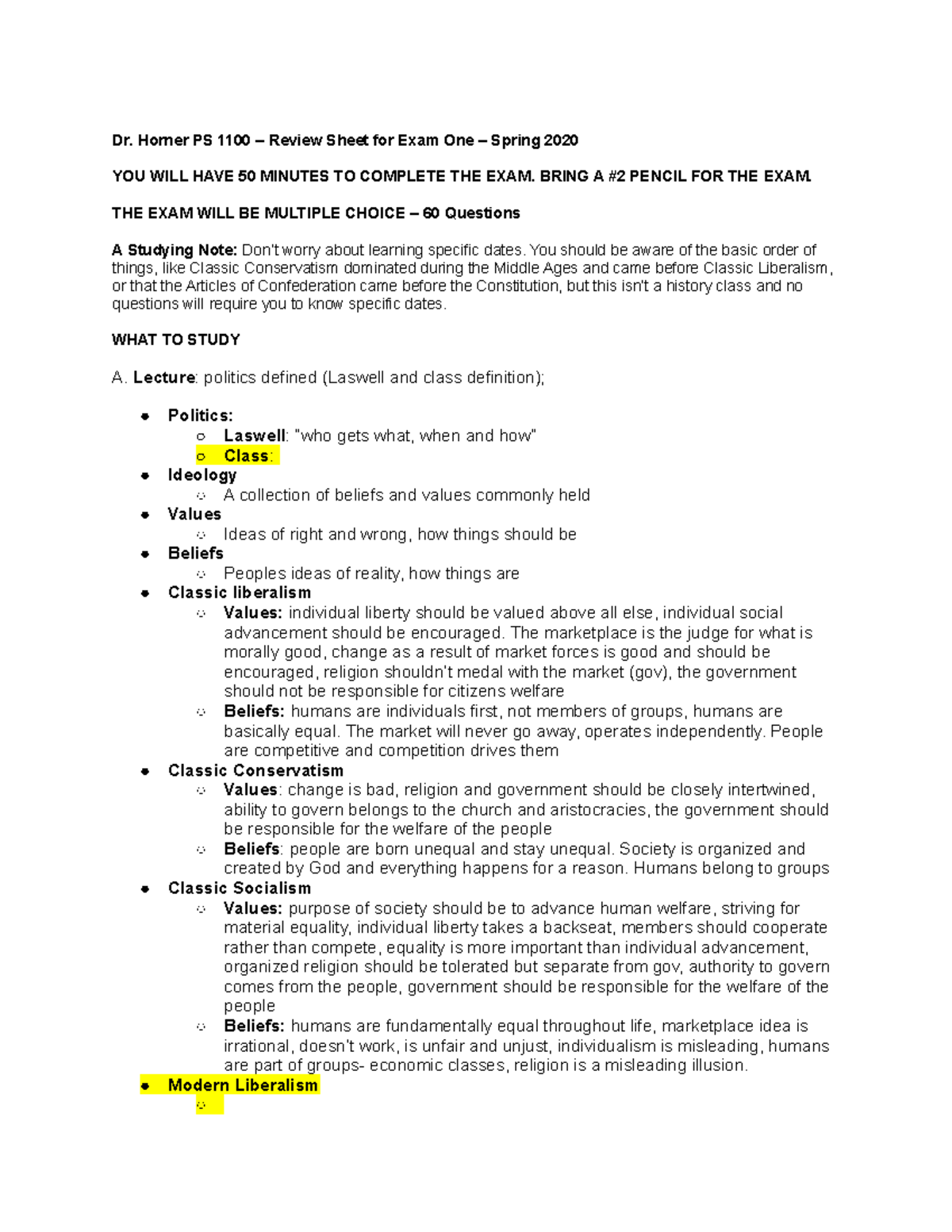 Poli Sci Exam 1 Study Sheet - Dr. Horner PS 1100 – Review Sheet for ...