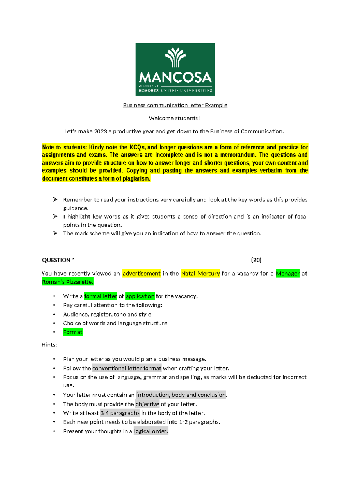 Buisness Comm- letter examples - Business communication letter Example ...